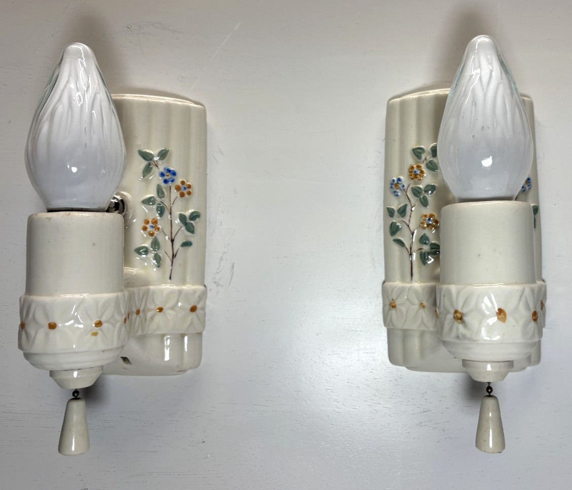 Vtg Porcelain Wall Sconce Pair Bathroom Light Fixture Floral Art Deco USA #L58