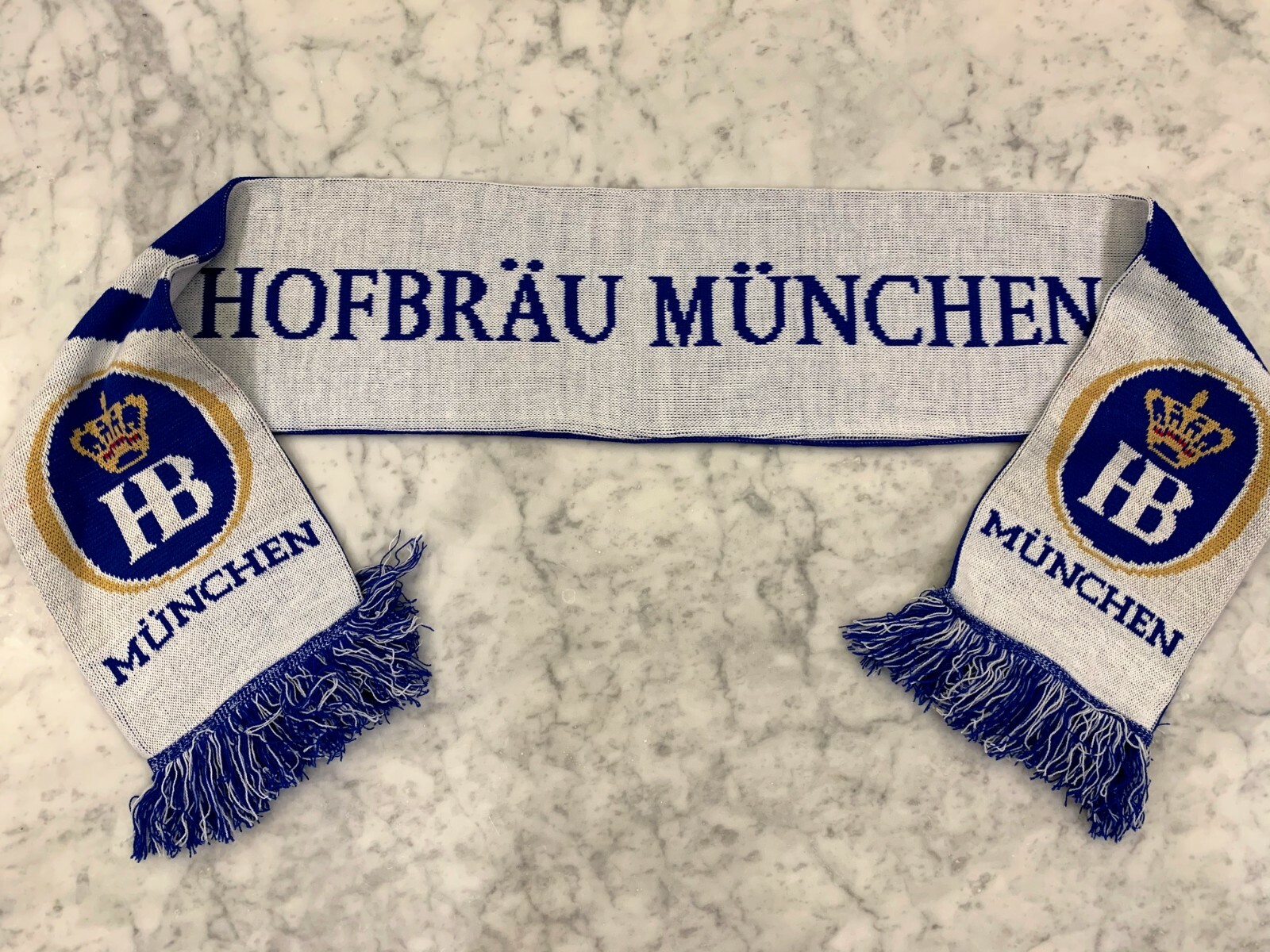 NEW Hofbrau Munchen Brewery Beer Scarf Reversible Blue and White 61” L x 7.5” W