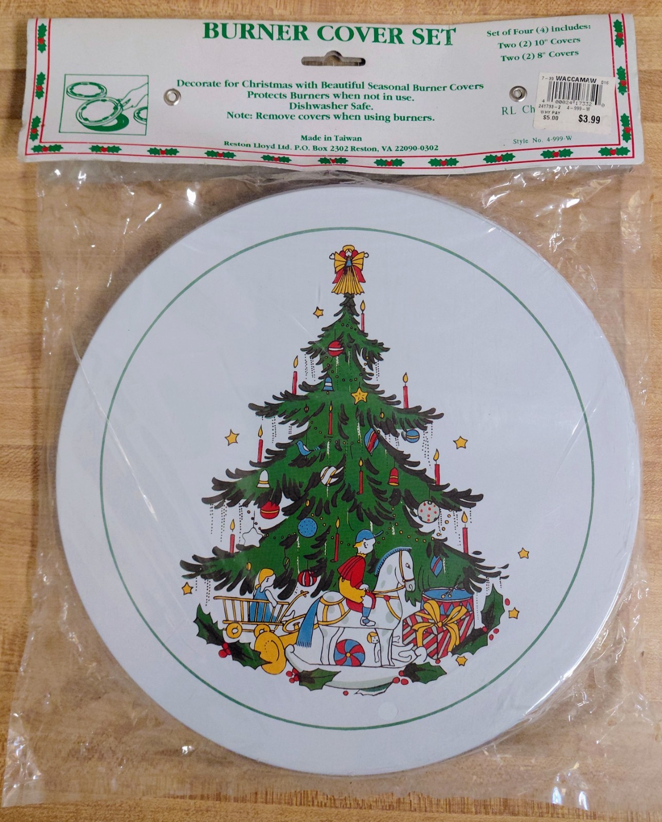 NOS Stove Burner Covers Christmas Tree Design Enamel Set of 4 Vintage 8" & 10"