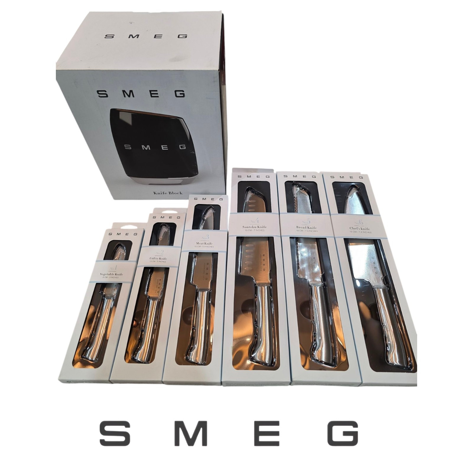 SMEG Kitchen Knife Block Set BLACK 6 German Stainless Steel Knives. QLD STOCK