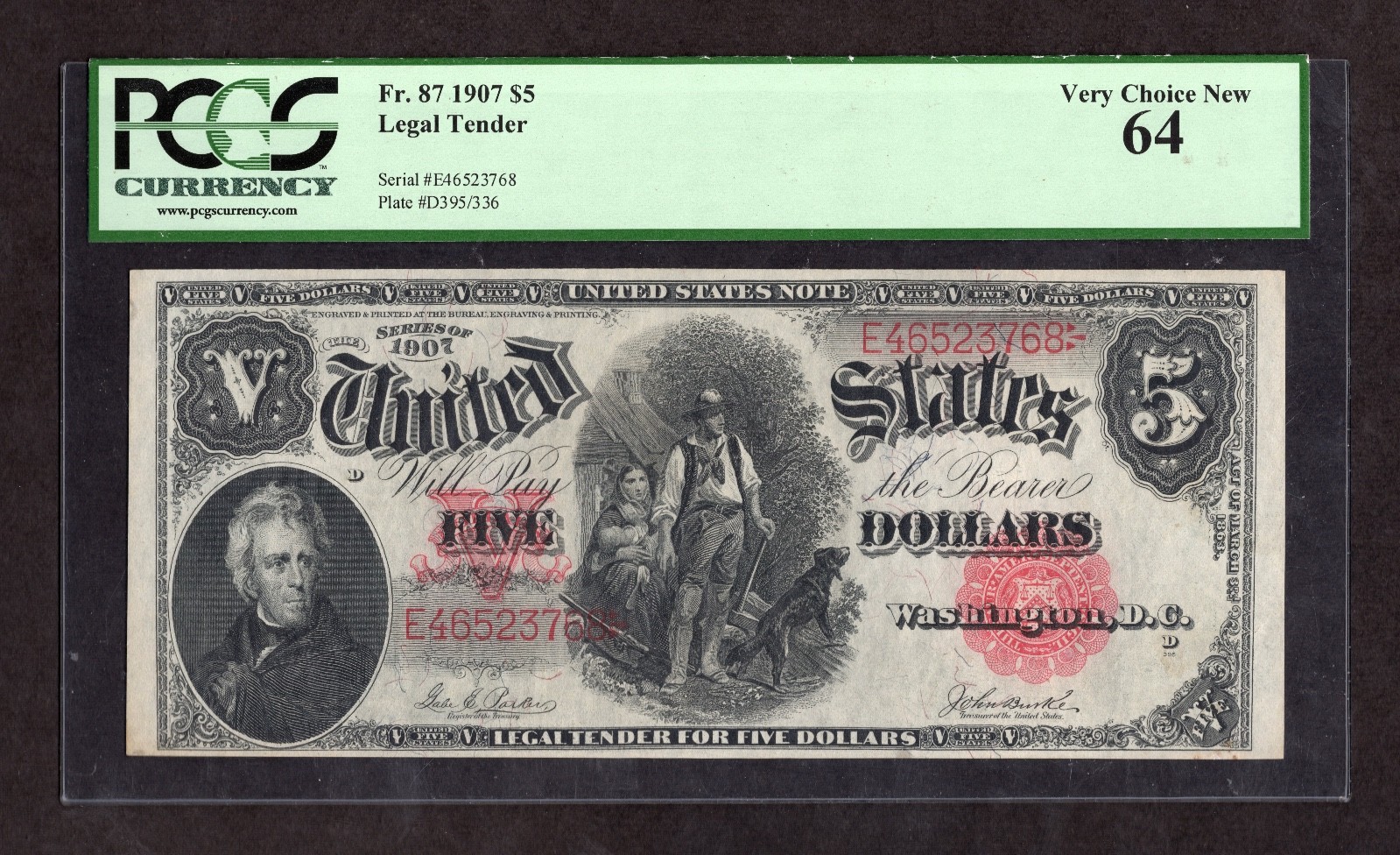 1907 $5 "Woodchopper" Legal Tender Fr. 87 - PCGS 64