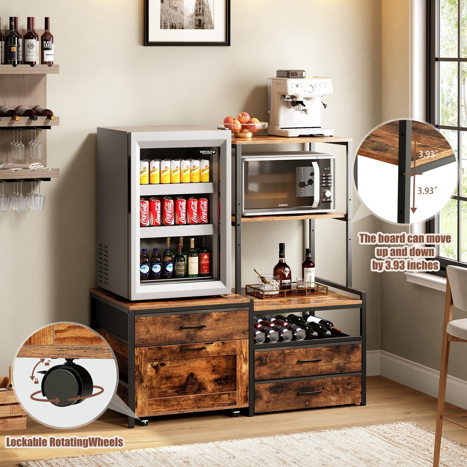 Mini Fridge Stand with Wine Rack Power Outlet Microwave Oven Stand Coffee Bar