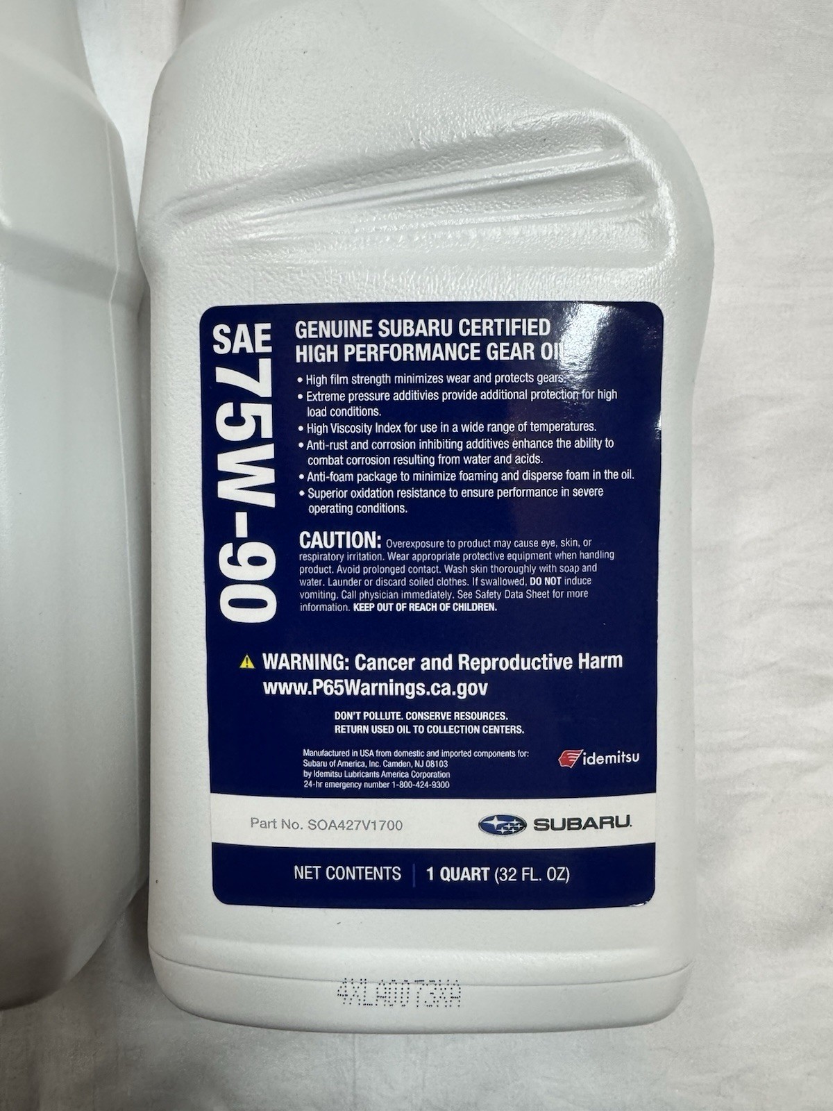 One Quart of Genuine Subaru High Performance Gear Oil 75W-90 SOA427V1700