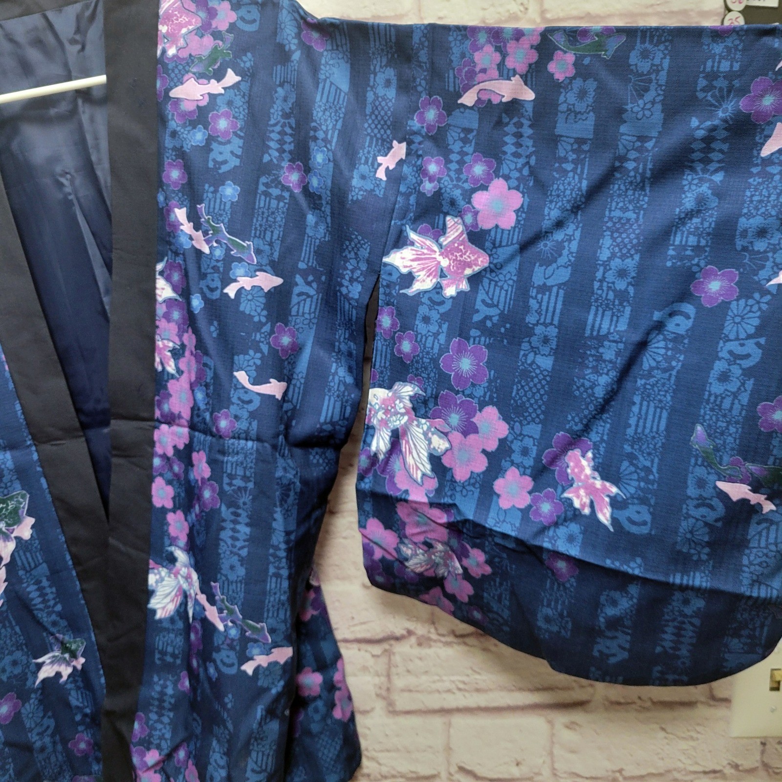 Japanese Kimono Jacket Womens XL+ Blue Purple Floral Asian Design Boxy Sleeves