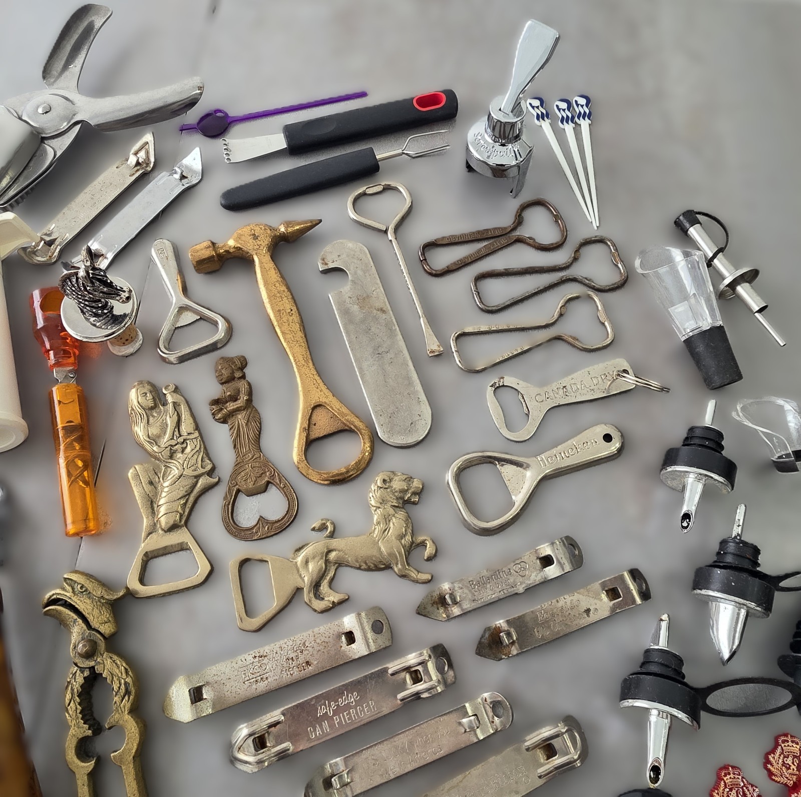 58 pc Lot of Vintage Bottle Openers, Picks, Barware, Bronze, Brass, Chrome, etc.