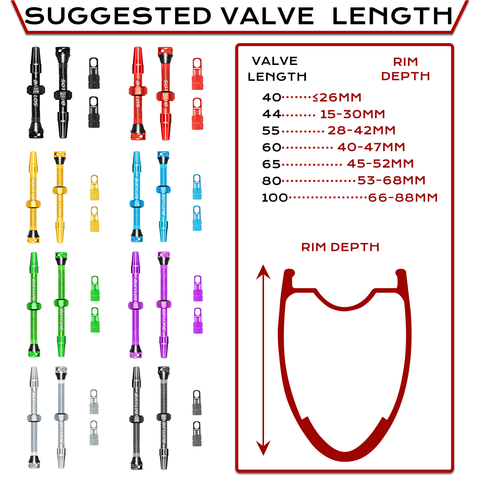 ​BUCKLOS MTB Road Tubeless Presta Valve Stem 40/44/55/60/65/80/100mm Removable