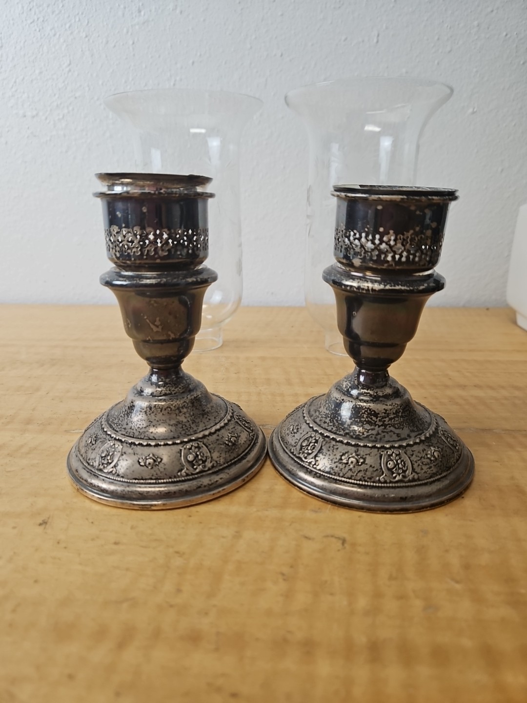 Pair Of Wallace 4640 Sterling & Glass Hurricane Candle Holders, Silver