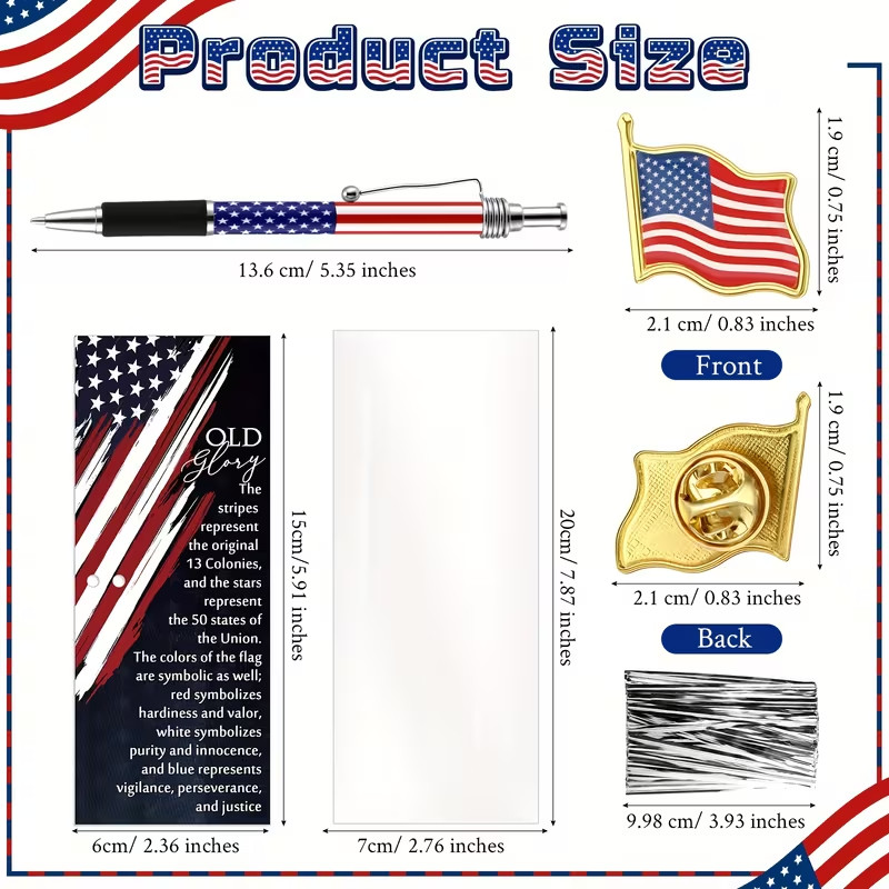 USA 250 Anniversary American Flag Ballpoint Pen+Flag Lapel Pin+Bookmark-Lot of 4