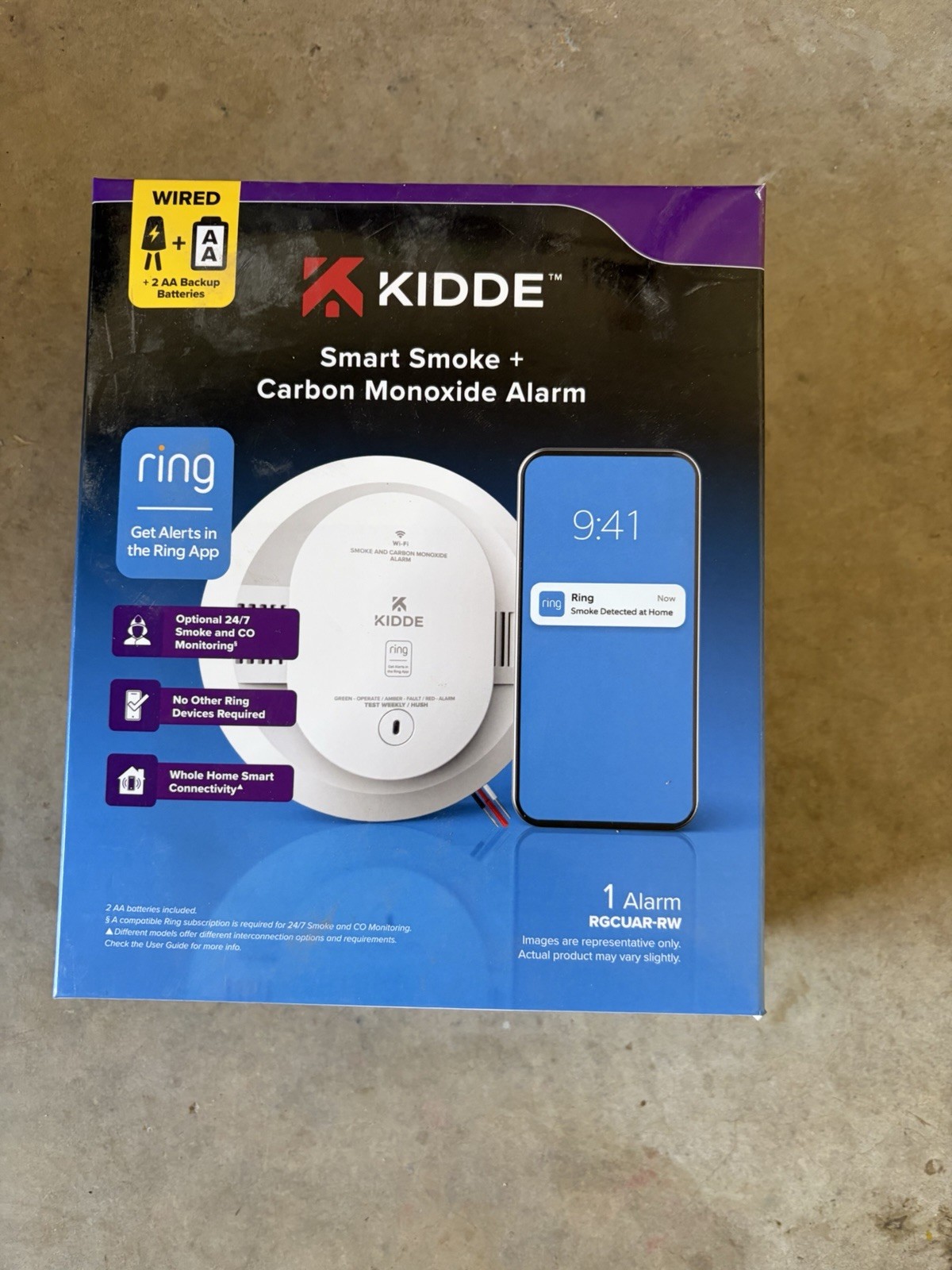Kidde Smart Smoke Carbon Monoxide Detector Ring App Hardwired AA Backup Alarm