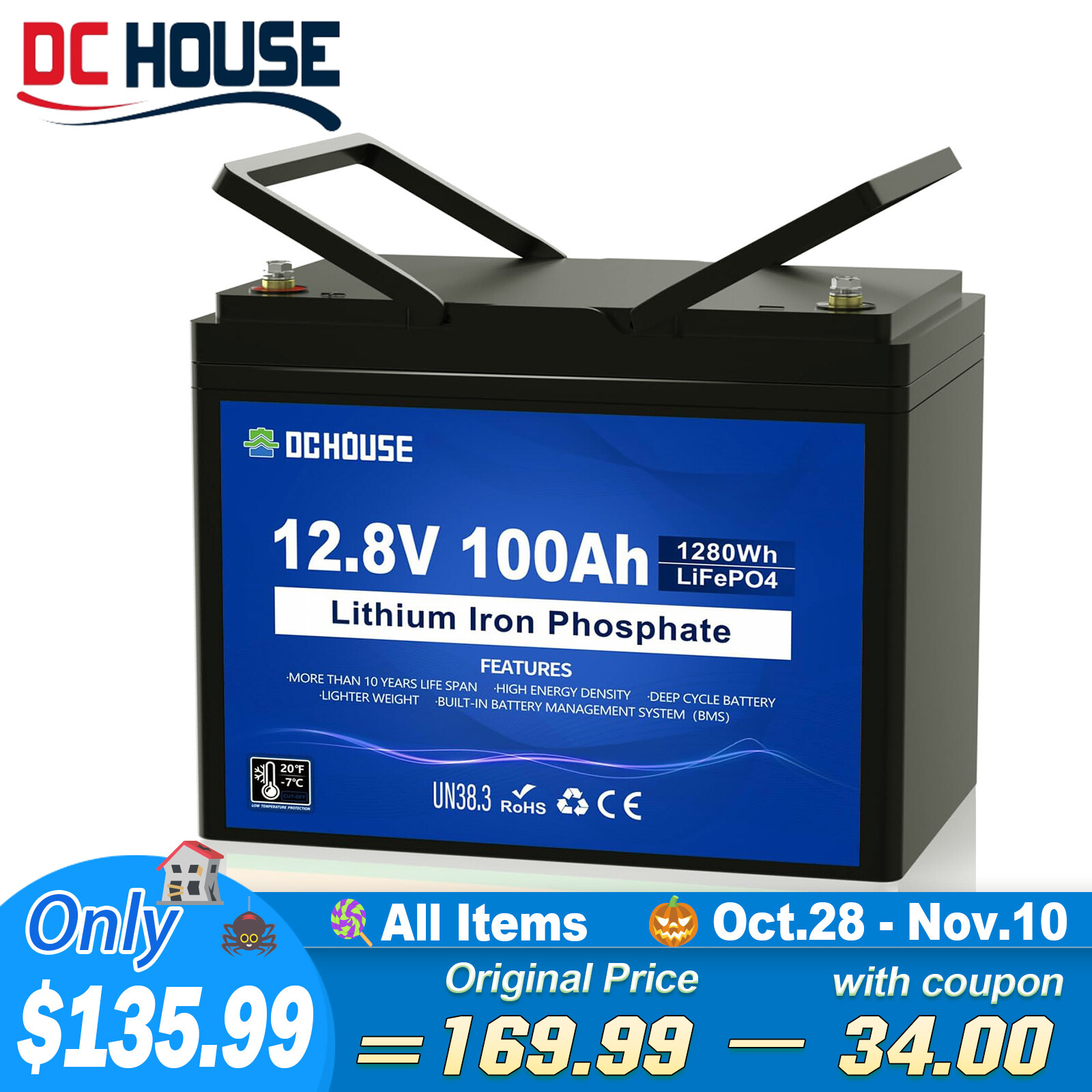 12V 100Ah LiFePO4 Lithium Battery Low-Temp Protection Trolling Motor Solar Panel