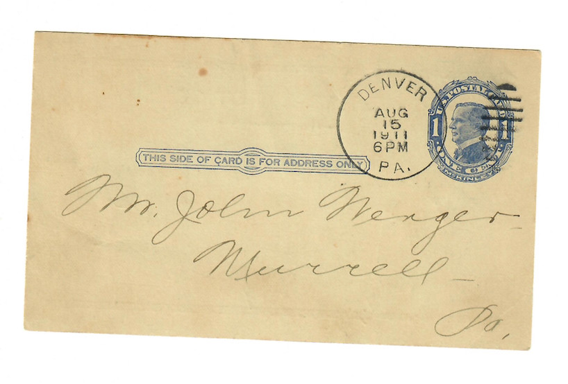 1911 Funeral Notice Postal Card Denver PA - C076