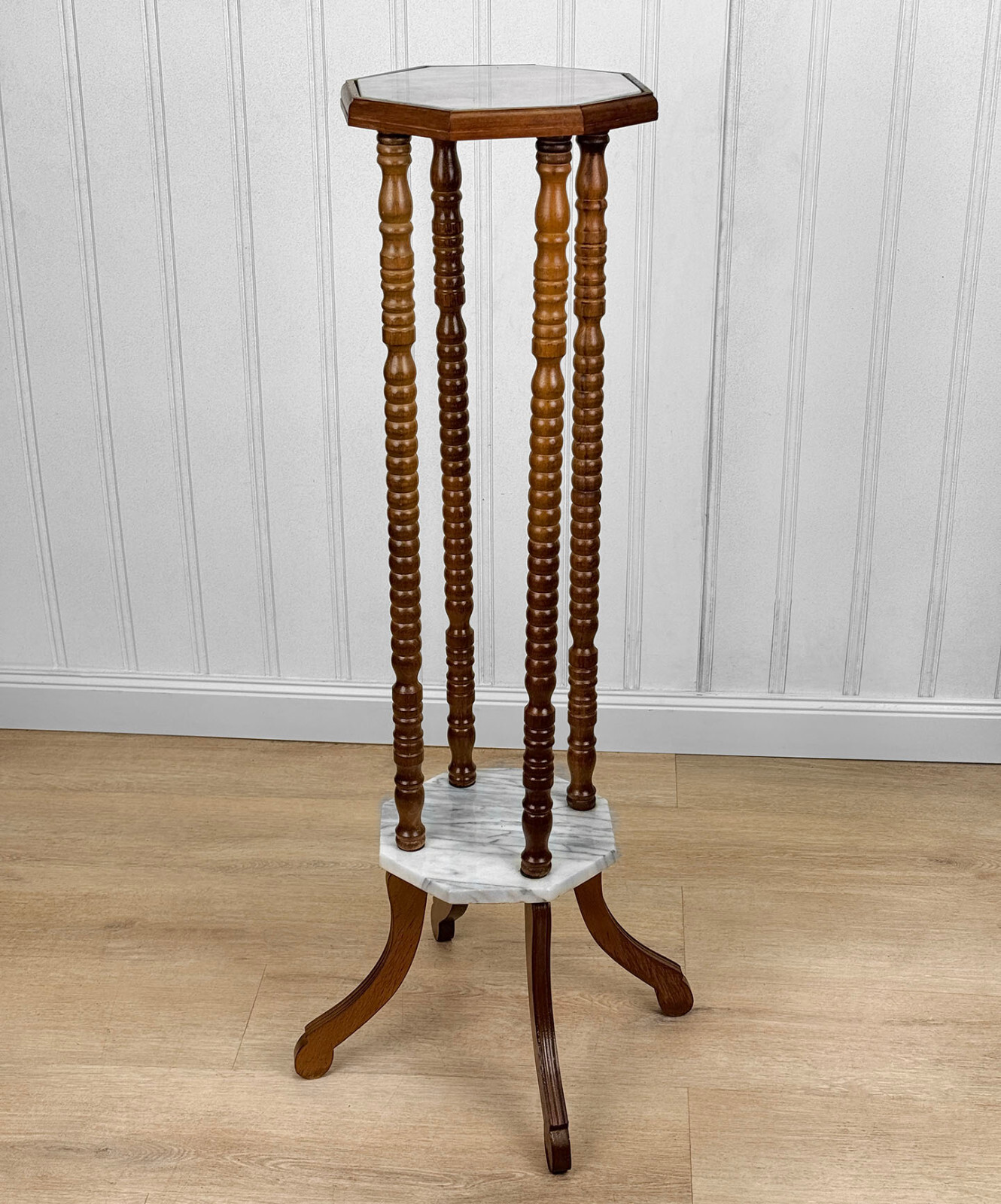 Vintage Traditional Turned Walnut & Marble Plant Stand Pedestal