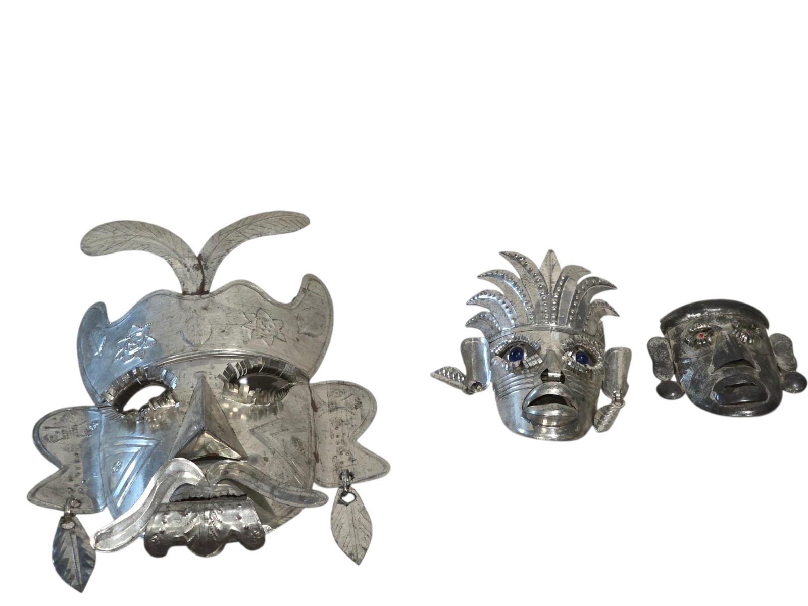 Vintage Mexican Tin Folk Art Masks Lot of 3 Handmade Tribal Wall Decor