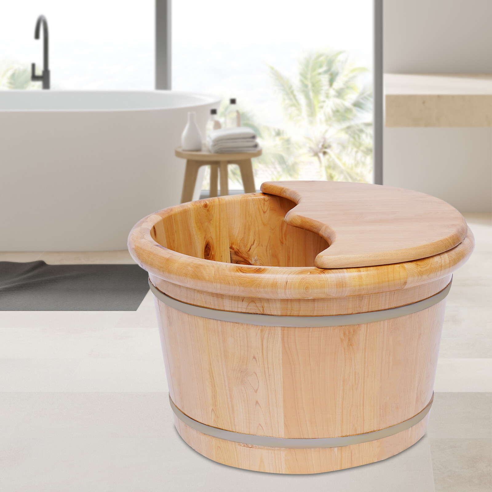 Cedar Wood Foot Basin +Massager Wooden Bucket Foot Bath Massage Plus Cover Plate