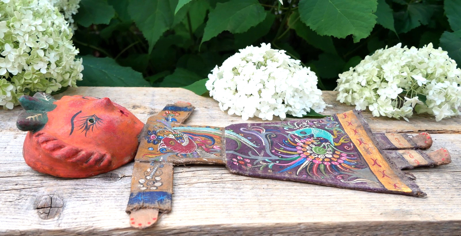 Fruit Girl Canvas Body Coconut Head Distressed Handmade Guerrero Mexico Folk Art