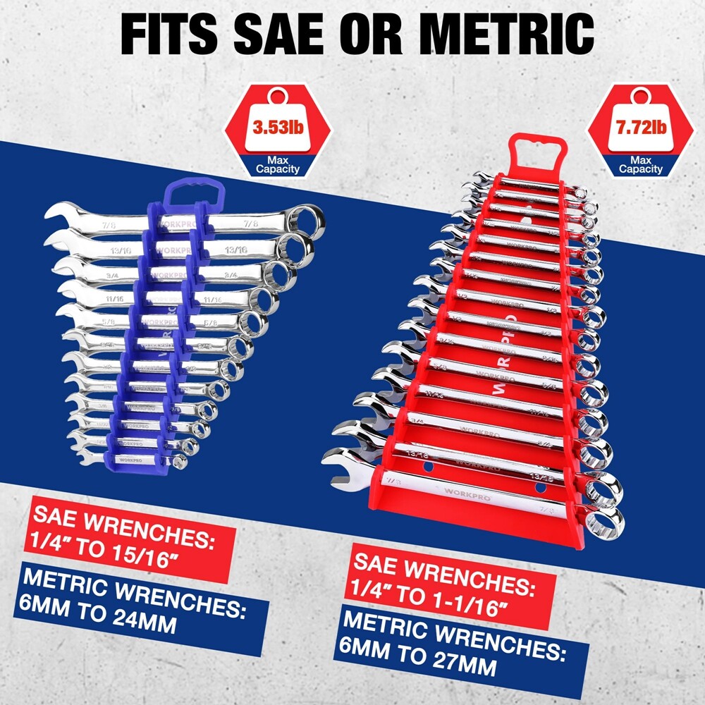 WORKPRO Magnetic Wrench Organizer 2PC 15-Slot&12-Slot Gripper Wrench Holder 4PCS