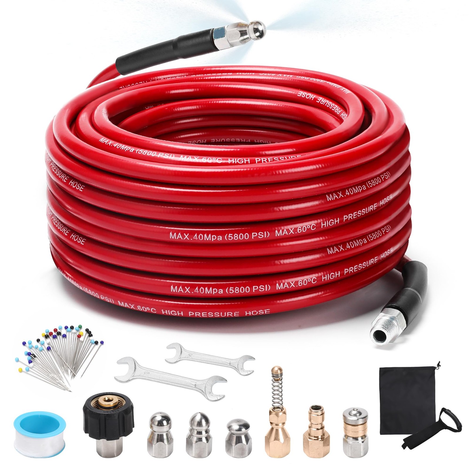 Sewer Jetter Kit for Pressure Washer, 100FT 5800 PSI Drain Cleaner Hose with ...