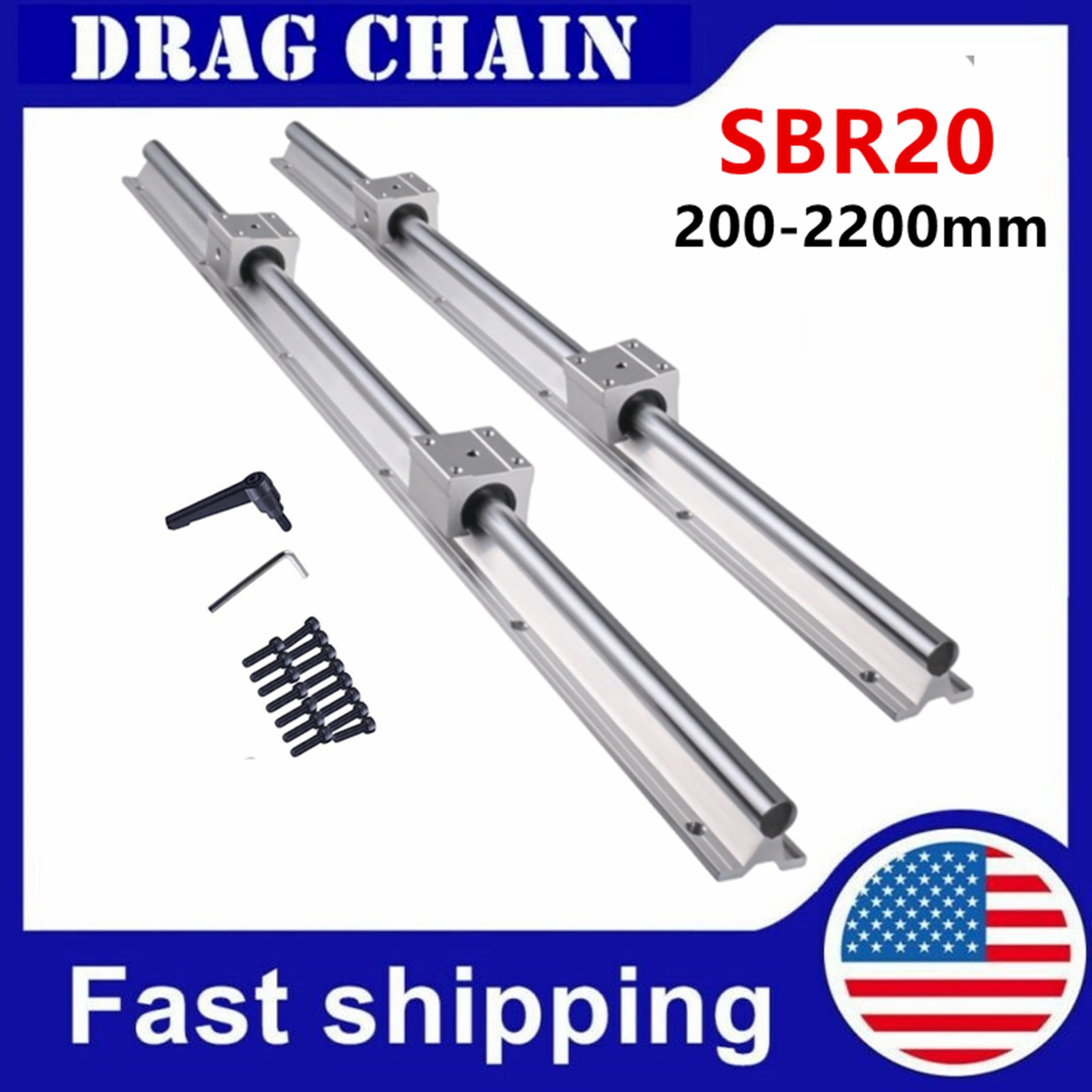 2PCS SBR20 200-2200mm Linear Rail Slide Guide Shaft 4x SBR20UU Bearing BLOCK CNC