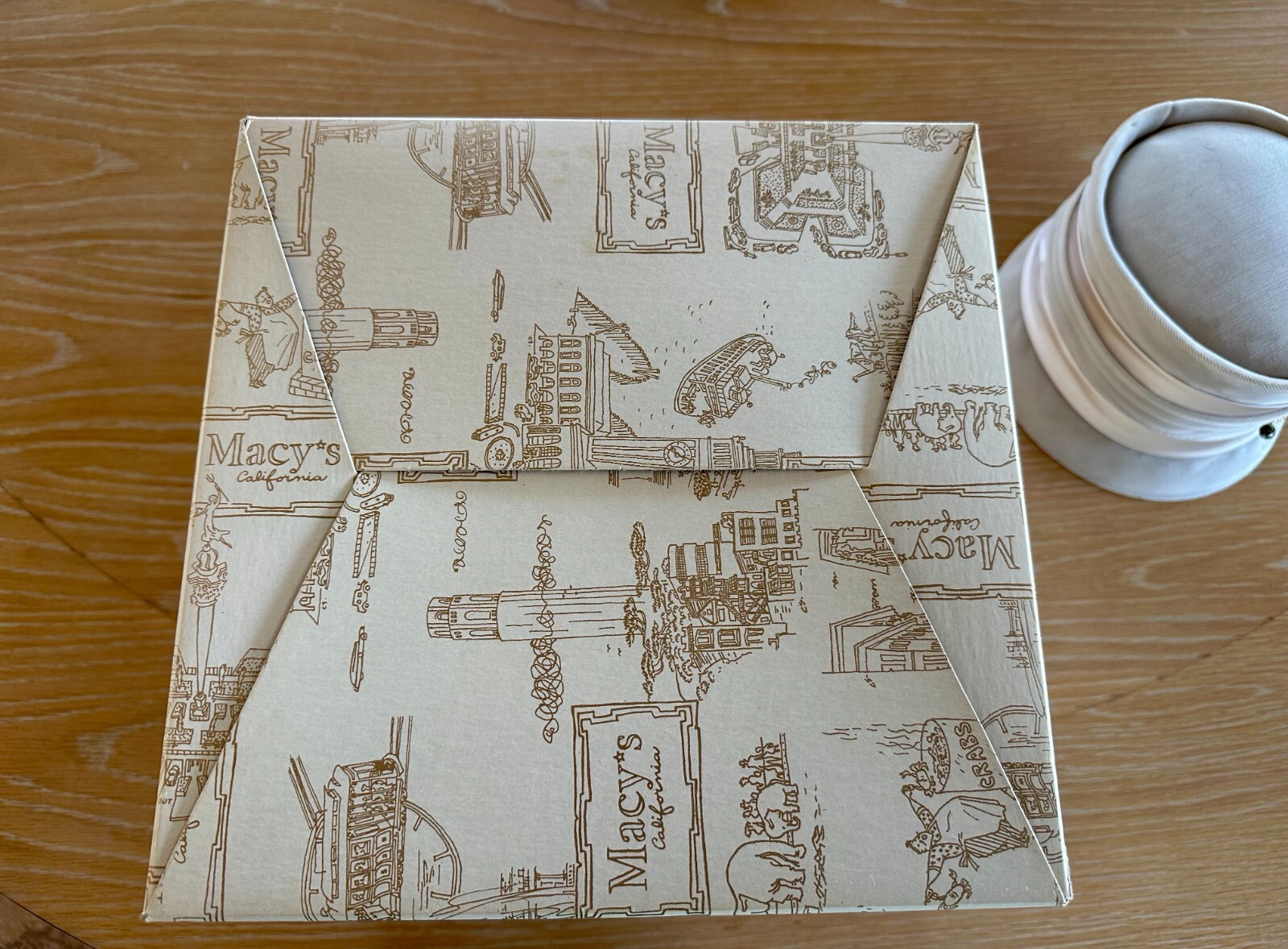 Vtg PILLBOX Hat w/ Original MACY'S Hat Box Beige Velour Tissue Sales Receipt 6"