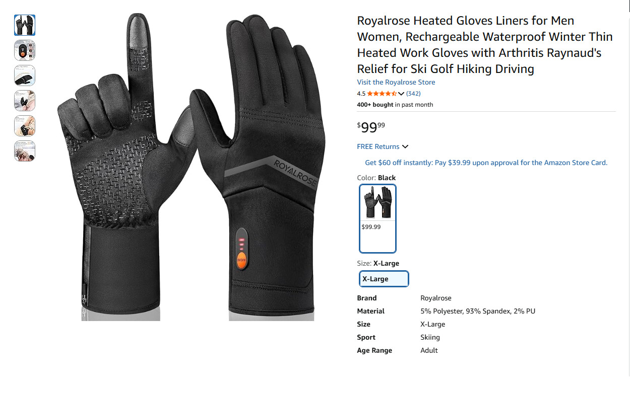 Royalrose Heated Gloves Liners for Men/Women Rechargeable Waterproof Size Med.