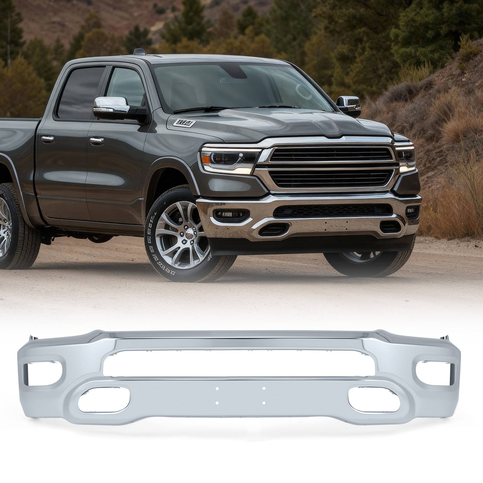 Chrome Front Bumper Face Bar Fits 2019-2024 Dodge Ram 1500 with Fog Light Holes