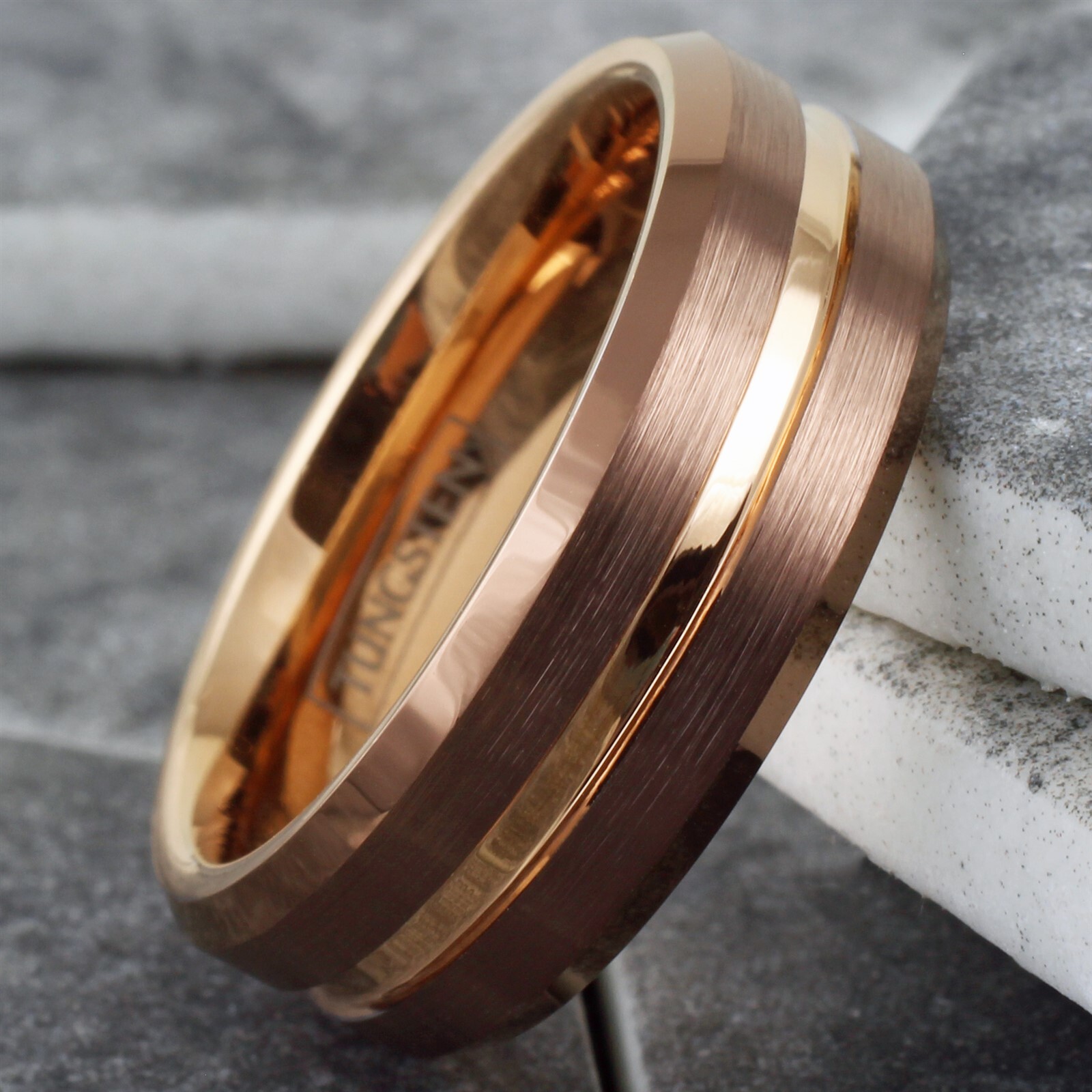 Bronze-Brown Tungsten Carbide Men's Ring Rose Gold Plated Stripe Wedding Band
