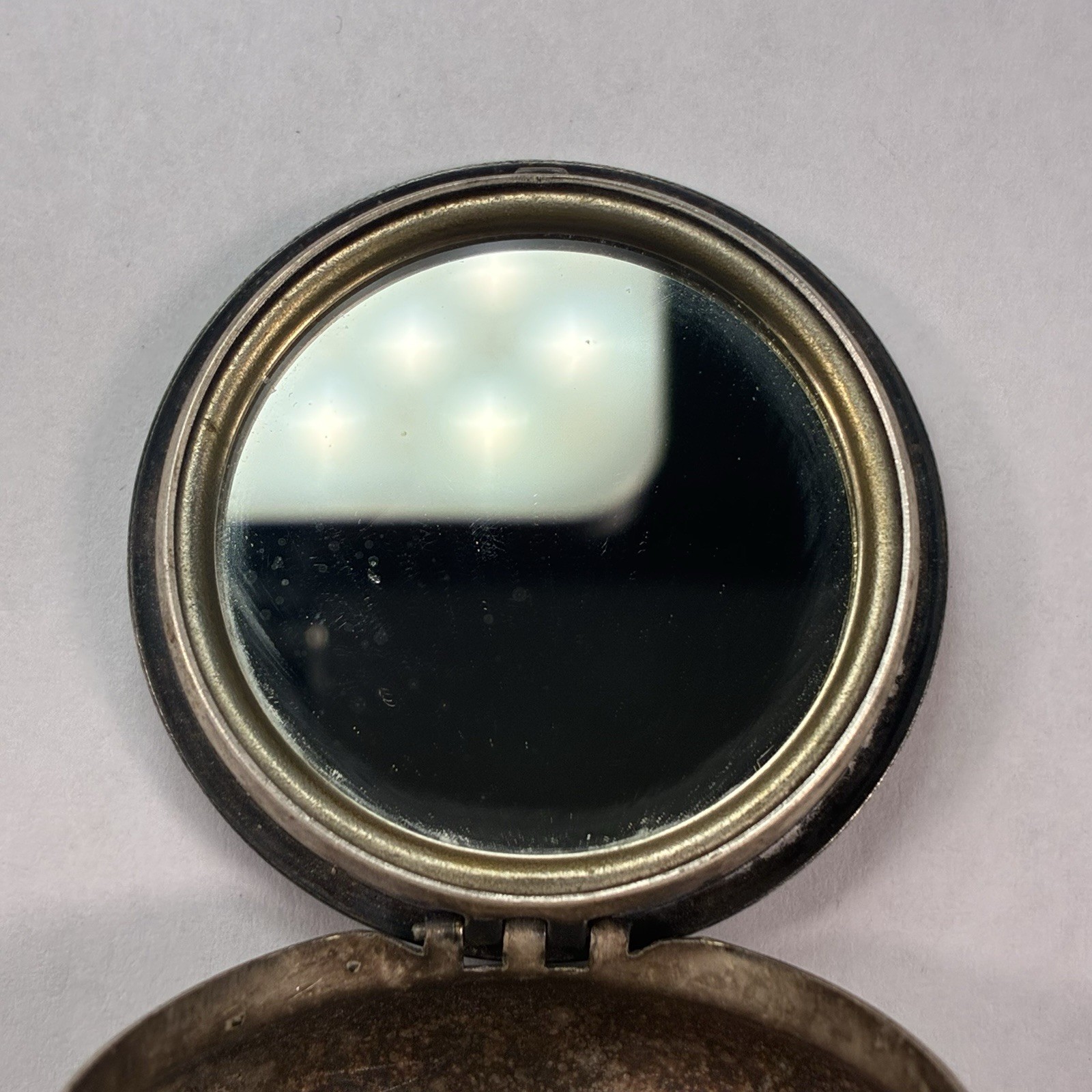 Antique Williams Talc Co Miniature Mirrored Powder Box w/Puff Silver Plate Vtg