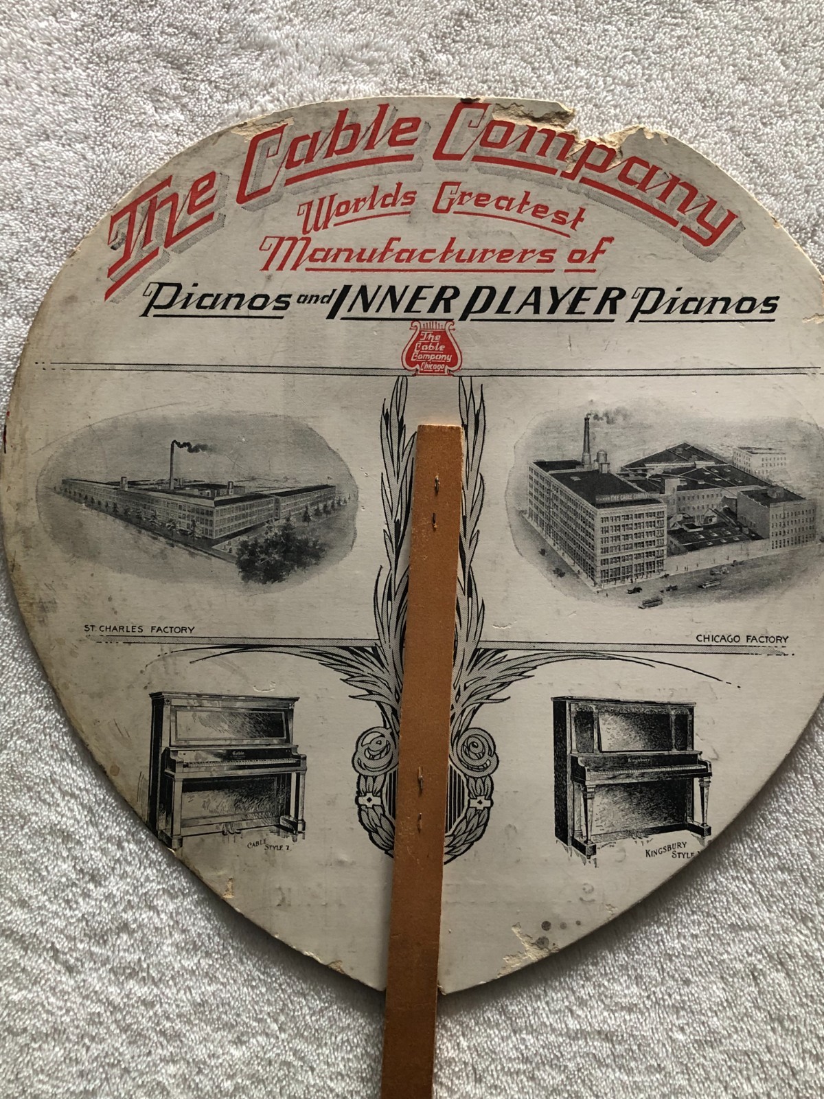 The Cable Company Pianos antique paper wood advertising fans