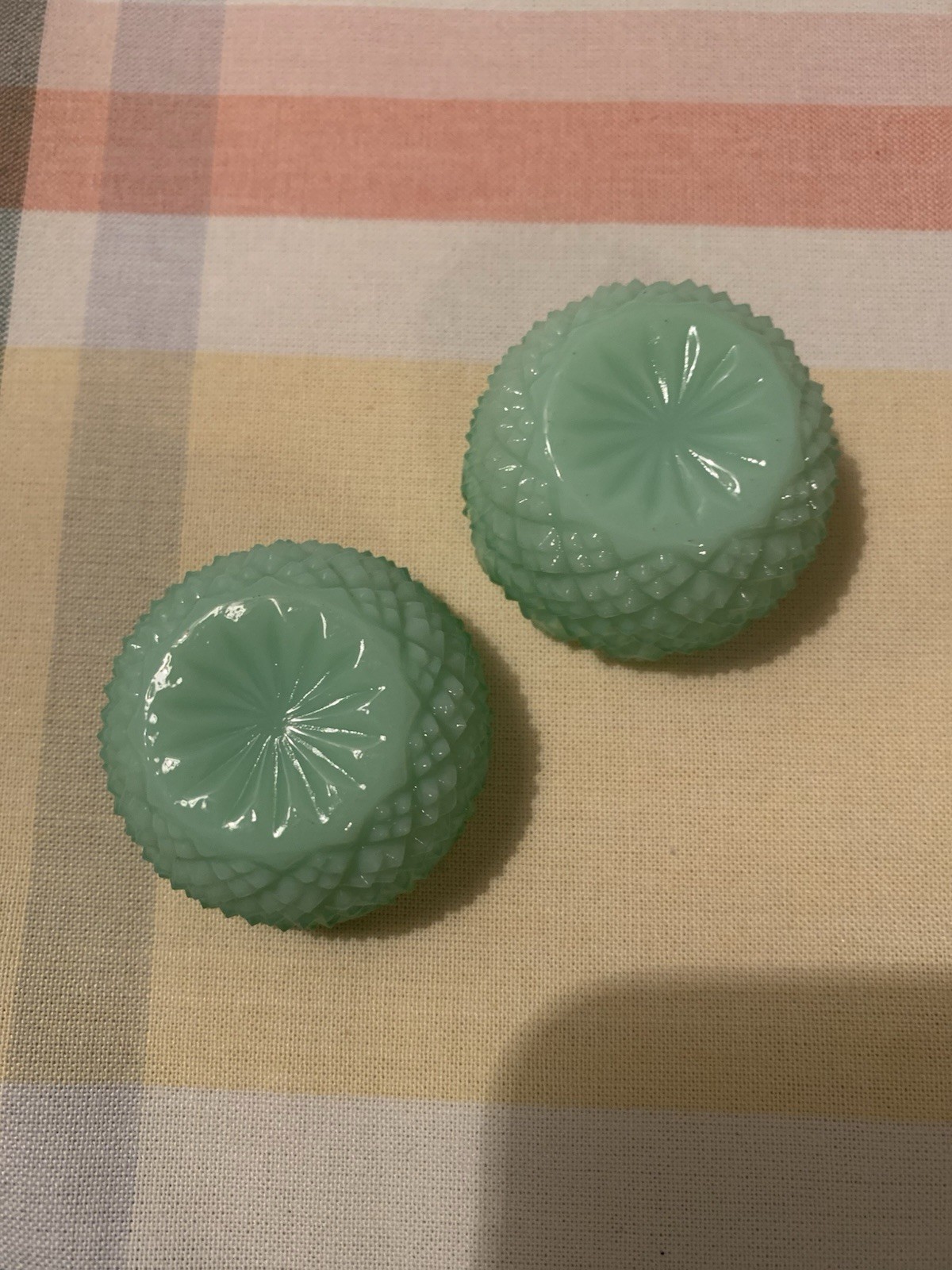 2/ JADITE Green ROUND SAWTOOTH GLASS OPEN SALT CELLAR, c1980's