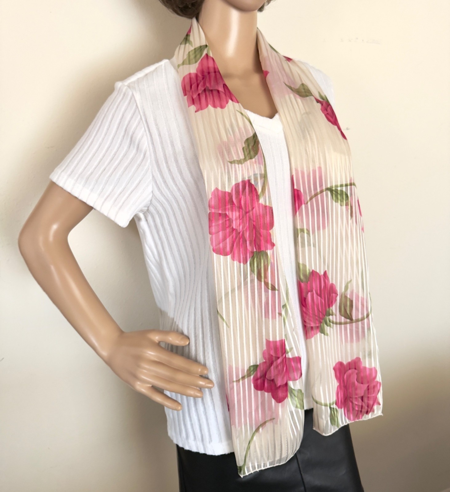 Vintage Pink Floral Sheer Stripe Scarf Korea Romantic Coquette Long 80s-90s