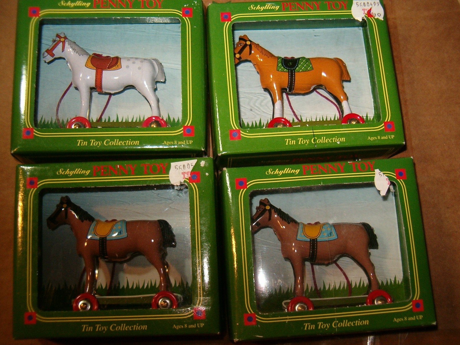 4  Schylling Penny Toy Tin Metal Horse on Wheels White, Rust, &  2 Brown 2003