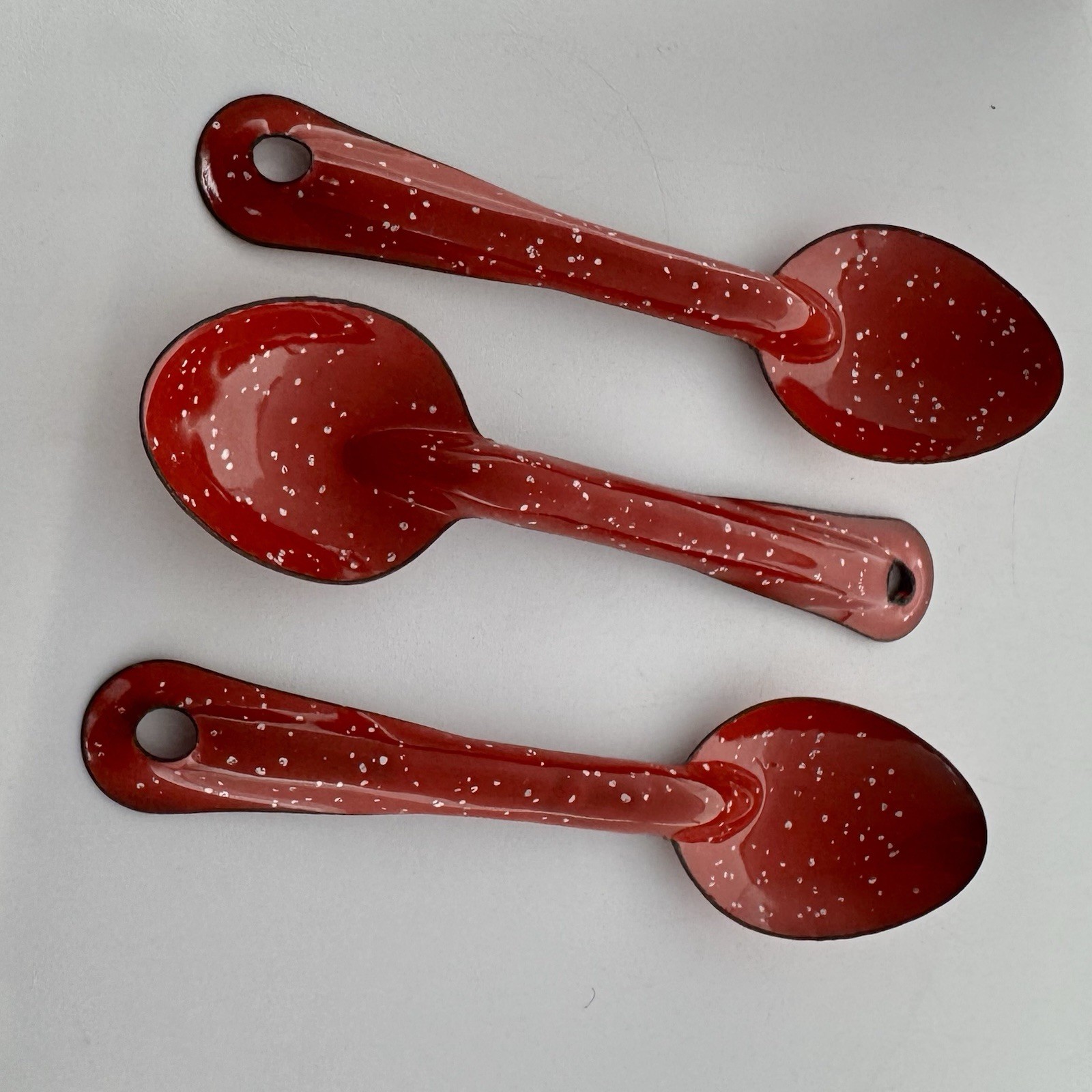 RED Speckle 6" SPOONS 3 pc Lot Vintage Enamel Metal Enamelware Camping Speckled