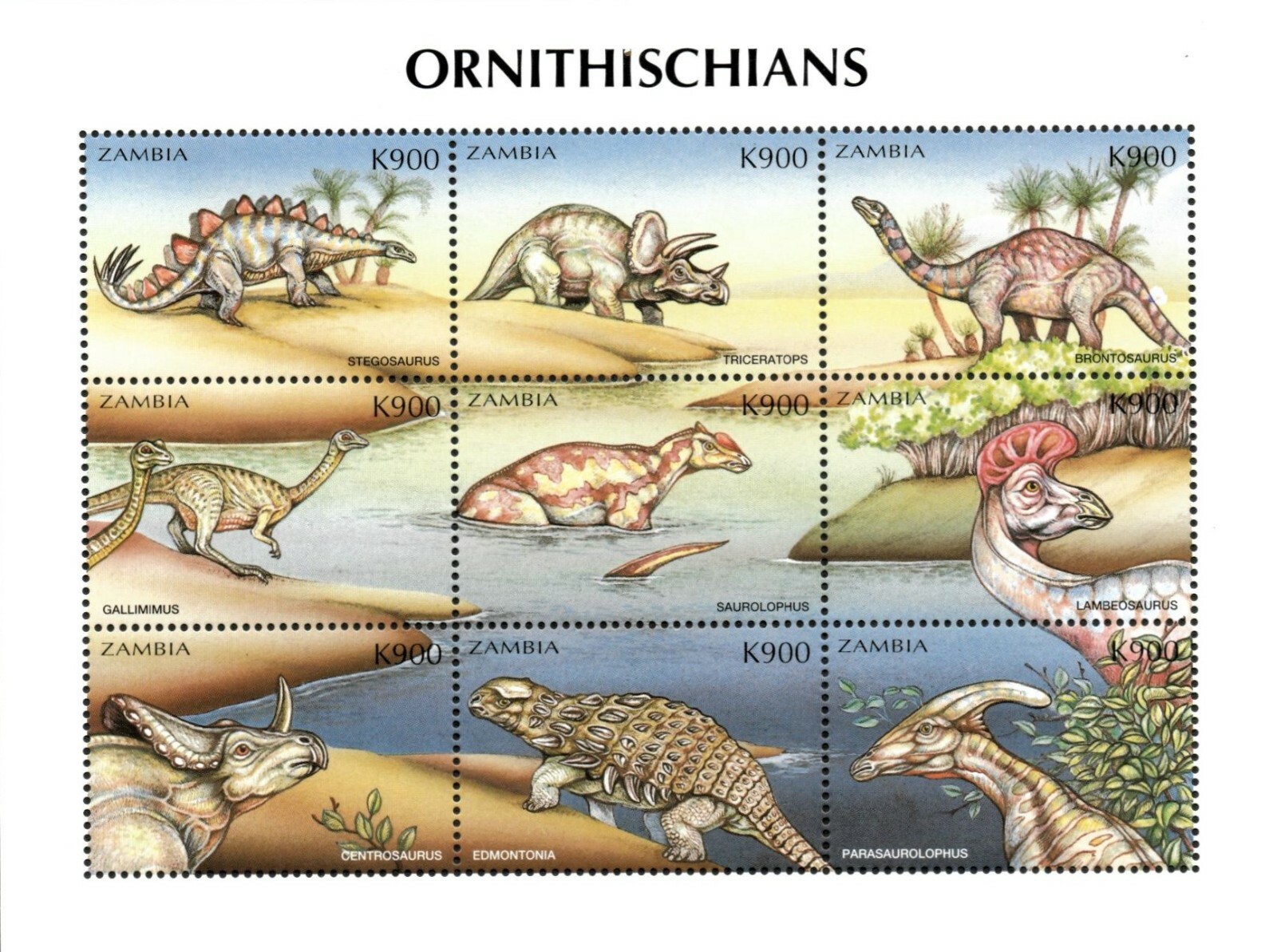 Zambia 1999 - Ornithischians Dinosaurs - Sheet of 9 - Scott 790 - MNH