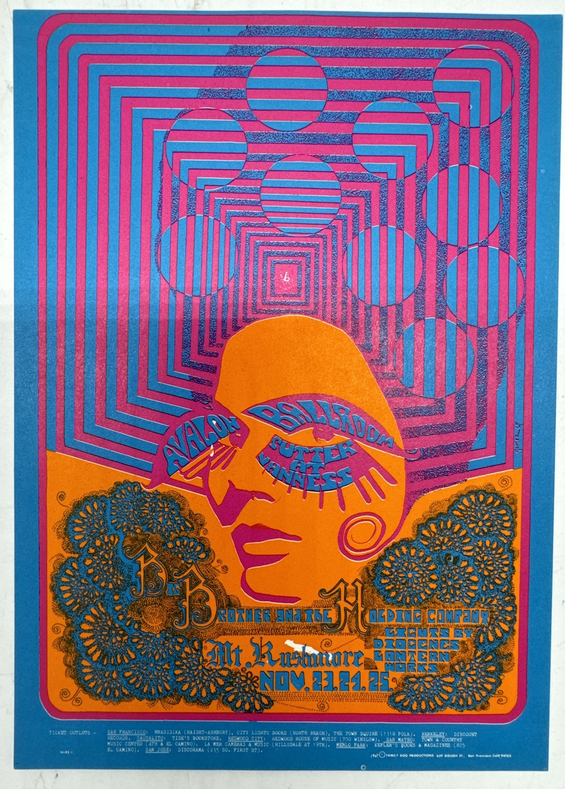 BIG BROTHER JANIS JOPLIN 1967 AVALON BALLROOM FAMILY DOG POSTCARD FD-93 NM