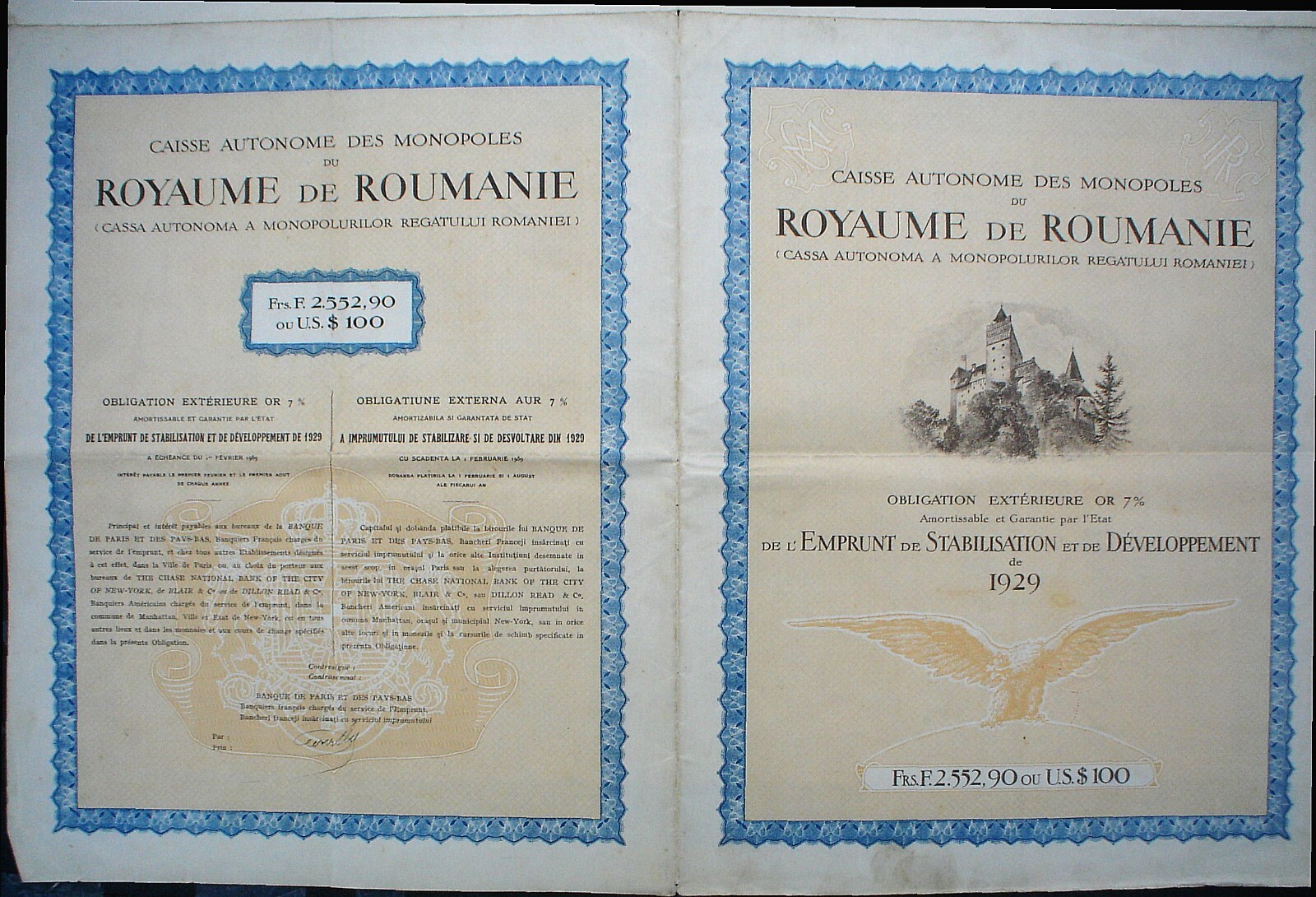 Kingdom of Romania 100 US$ Monopolies Inst. Gold Bond to Bearer uncanc. coupons
