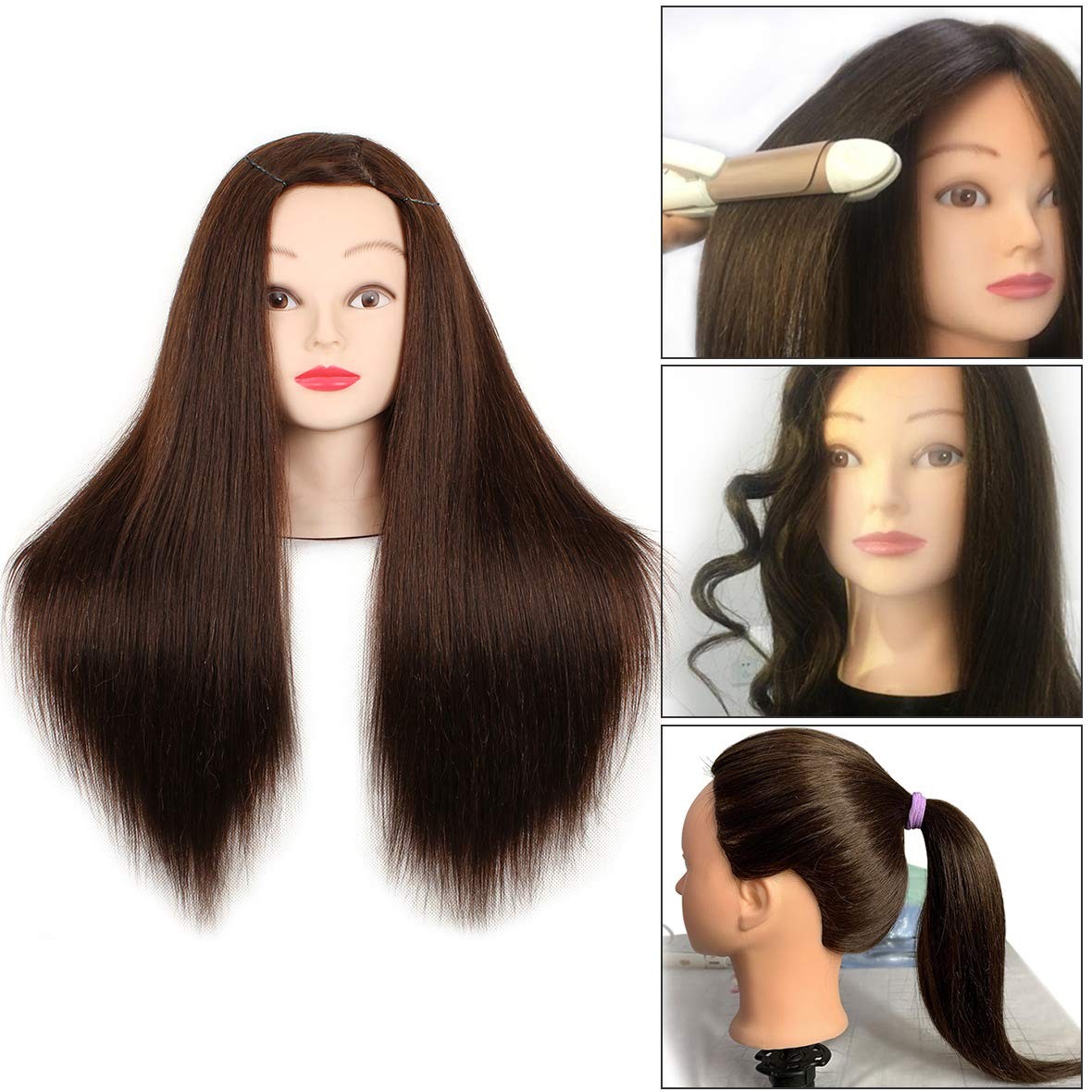 "22-24"" Mannequin Head 60% Human Hair Brown Cosmetology Training Doll"