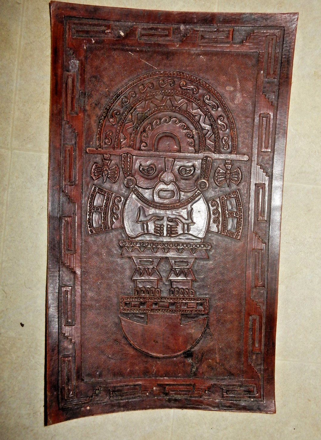 Vintage Peru Peruvian Tooled Leather Tumi Mayan Inca 11"X19"