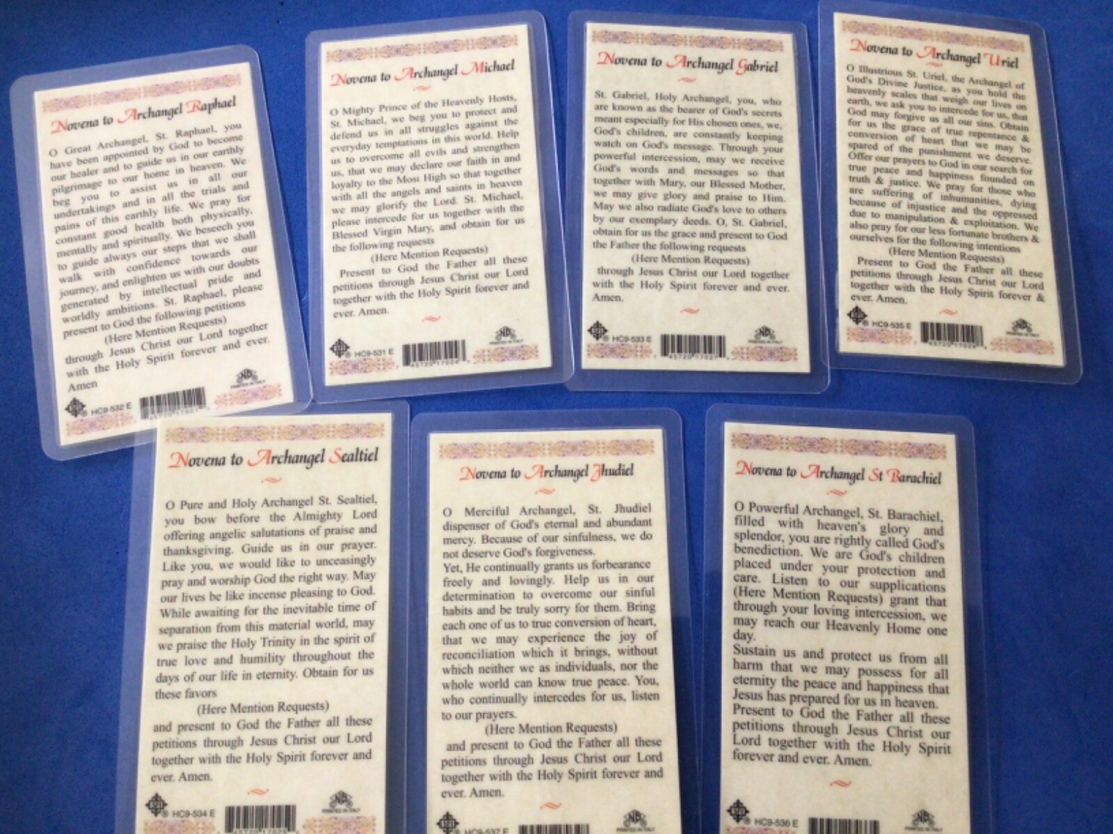 7 Archangels laminated HOLY CARDS Saint Michael Raphael Gabriel Uriel Barachiel