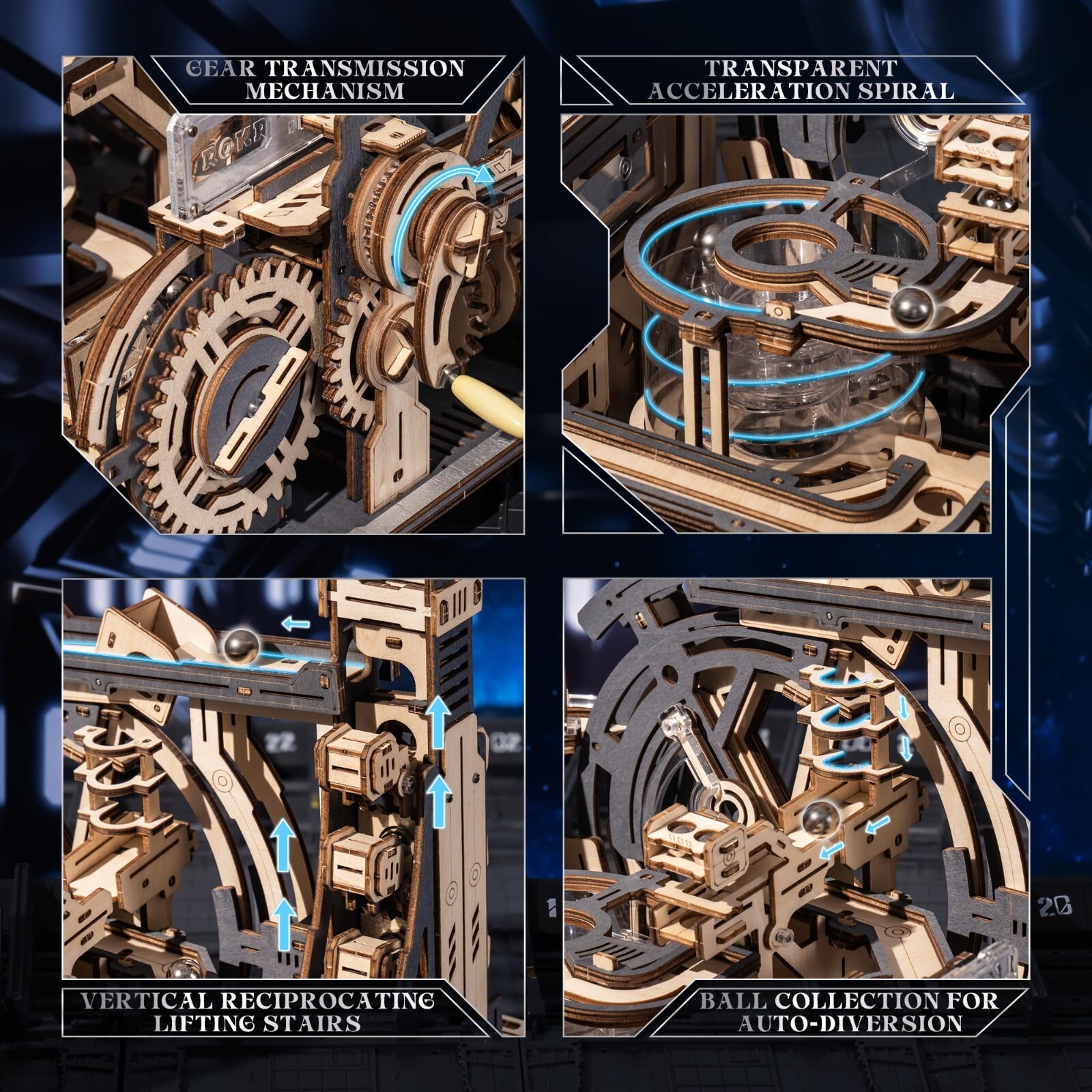 ROKR 3D Puzzle Wood Spaceport Marble Night City with Linkage Model Gift Adults