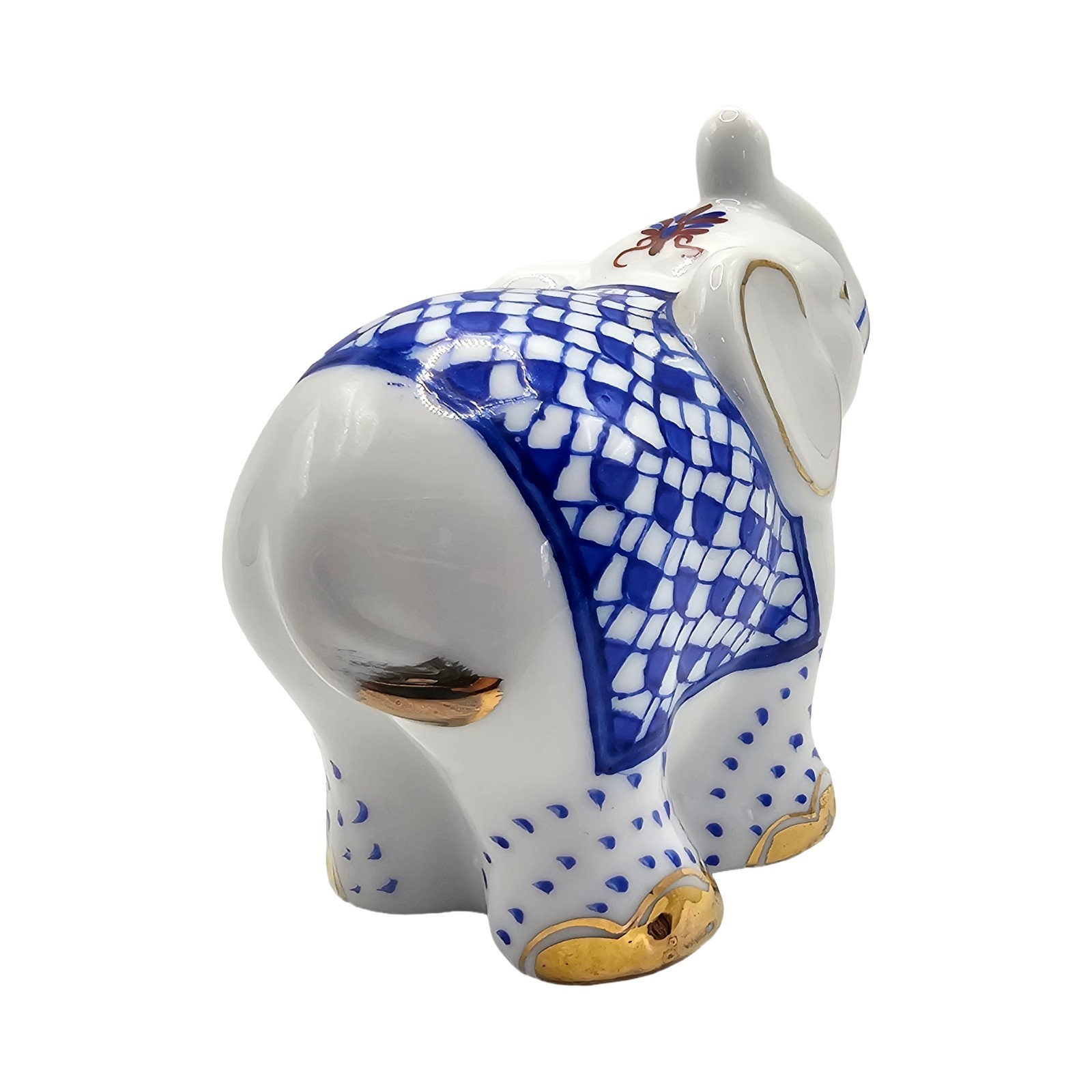 Vintage Blue Fishnet Porcelain Elephant Figurine Gold Accents Trunk Up Lucky 4"