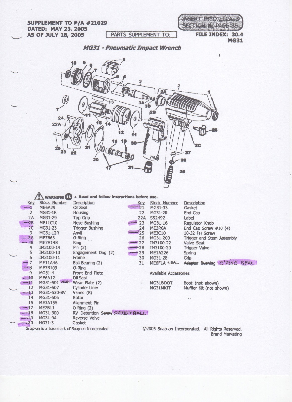 SNAP ON MG31 TUNE UP KIT+REVERSE VALVE+WEAR PLATES SET+ANVIL BUSHING+HAMMER PINS