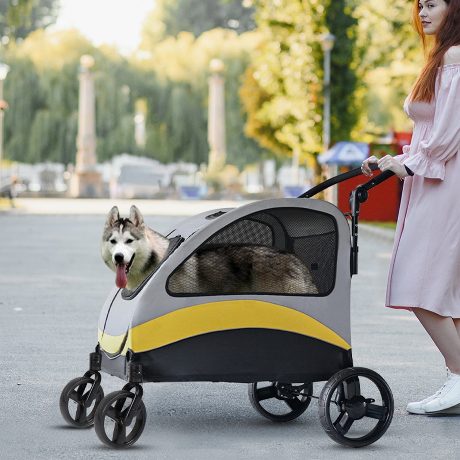 Foldable Large Pet Jogger Wagon Stroller with 4 Heavy Wheels Adjustable Handle