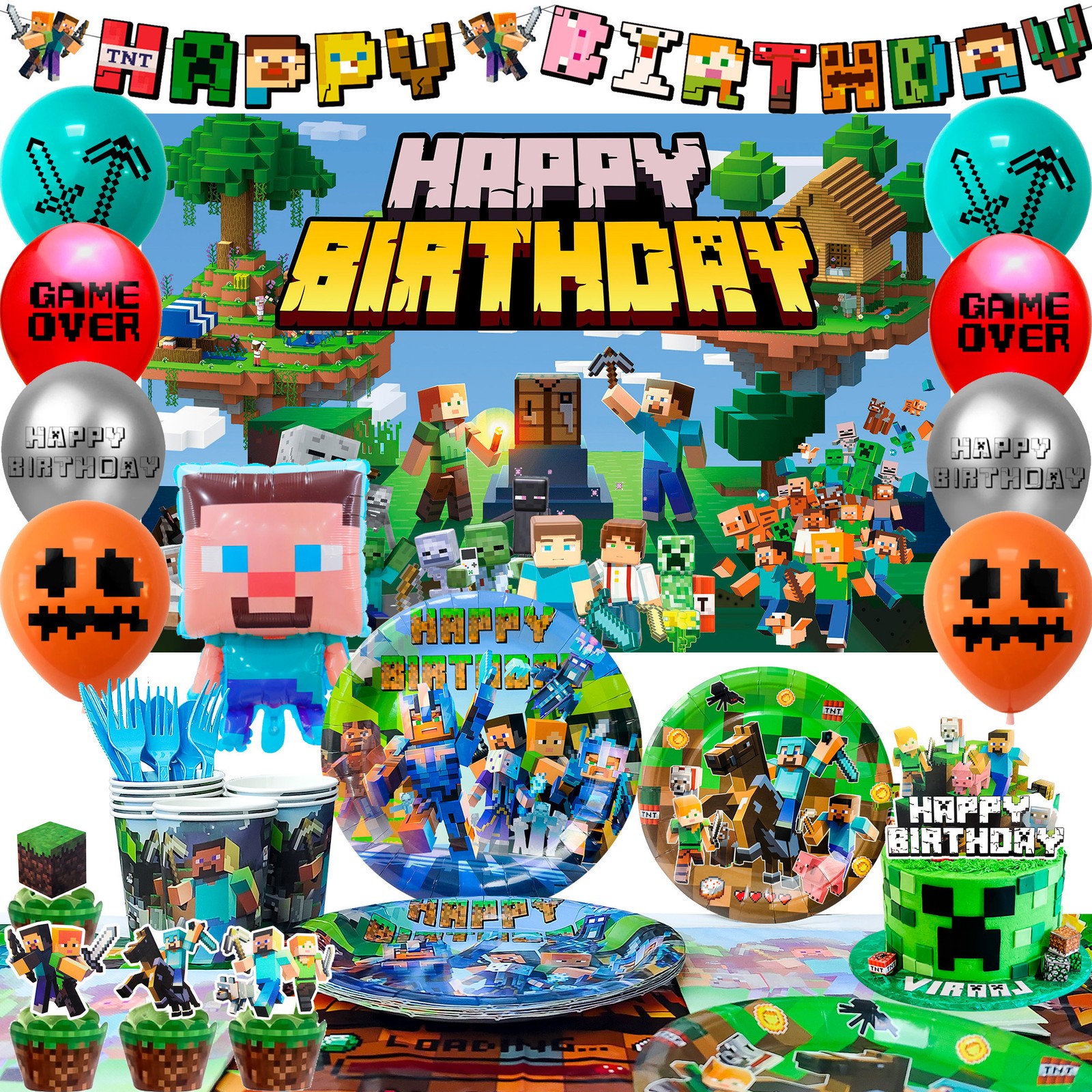 113 Minecraft Birthday Party Decorations Tableware Balloons Banner Plates Cups