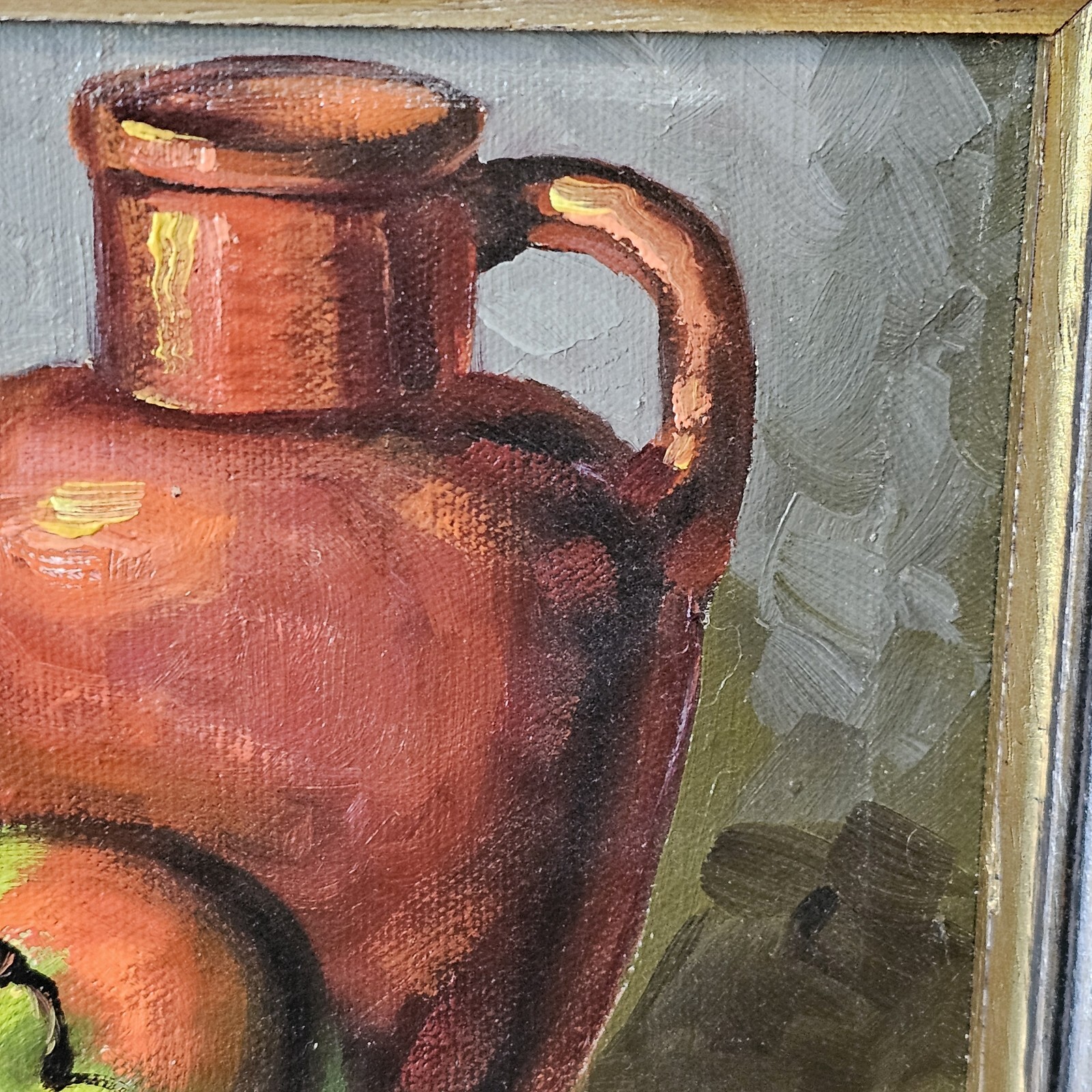 Vintage Still Life Fruit Bowl Oil Painting Apple Canvas Wood Frame Midcentury