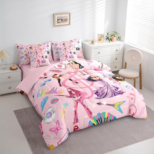 Kids Music Singer Comforter Set with Sheets Size, Rock Music Twin Pink Purple