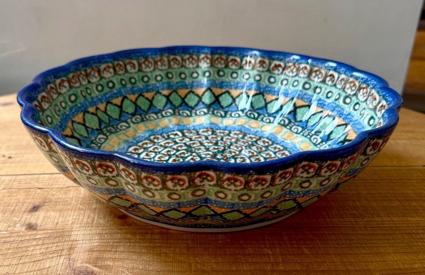 1999 Polish Pottery Fluted Bowl 11" Ceramika Artystyczna Multi-Color UNIKAT