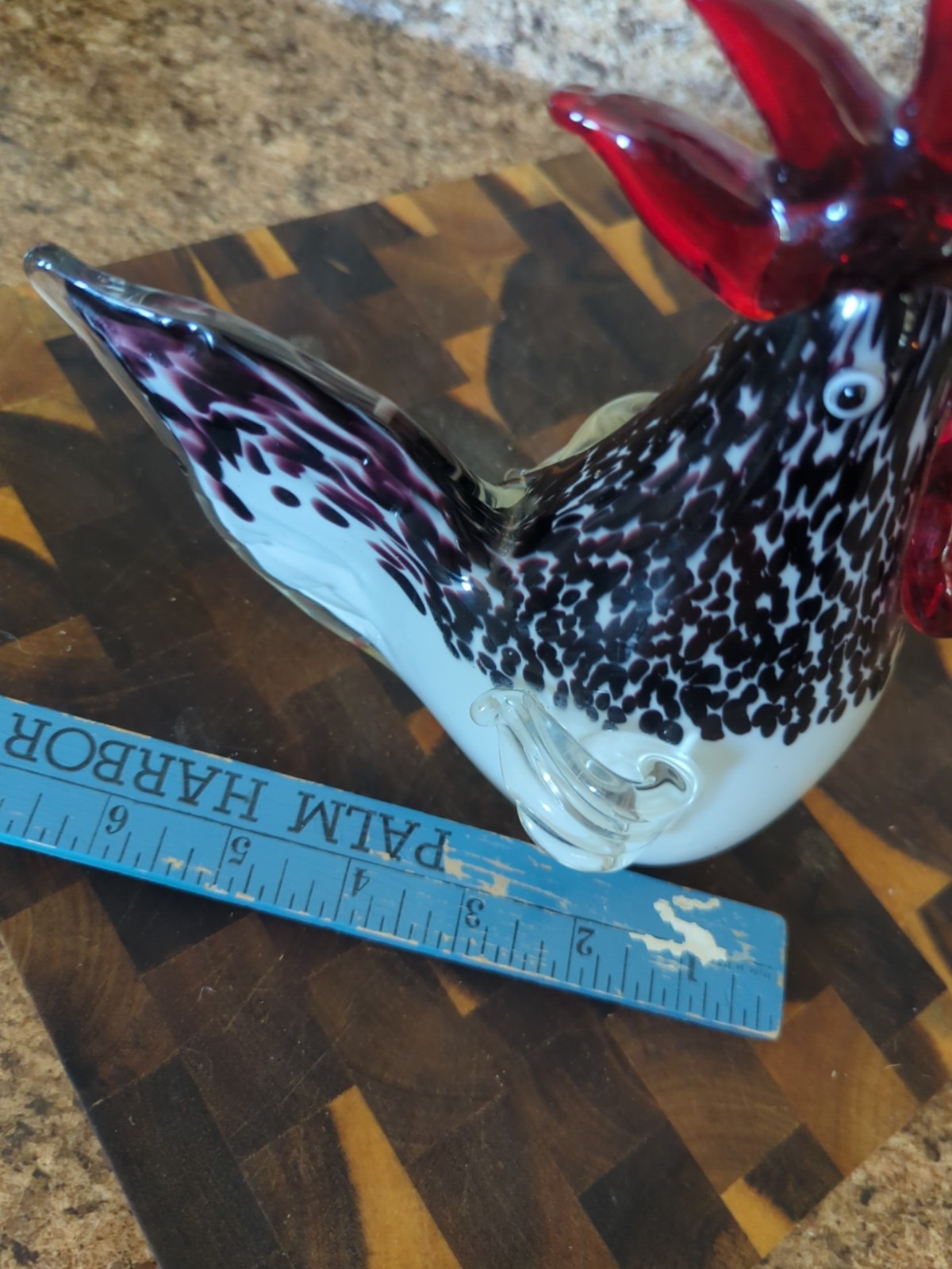 Black White Red Art Glass Heavy Rooster Bird Figurine Farm Decor Paperweight