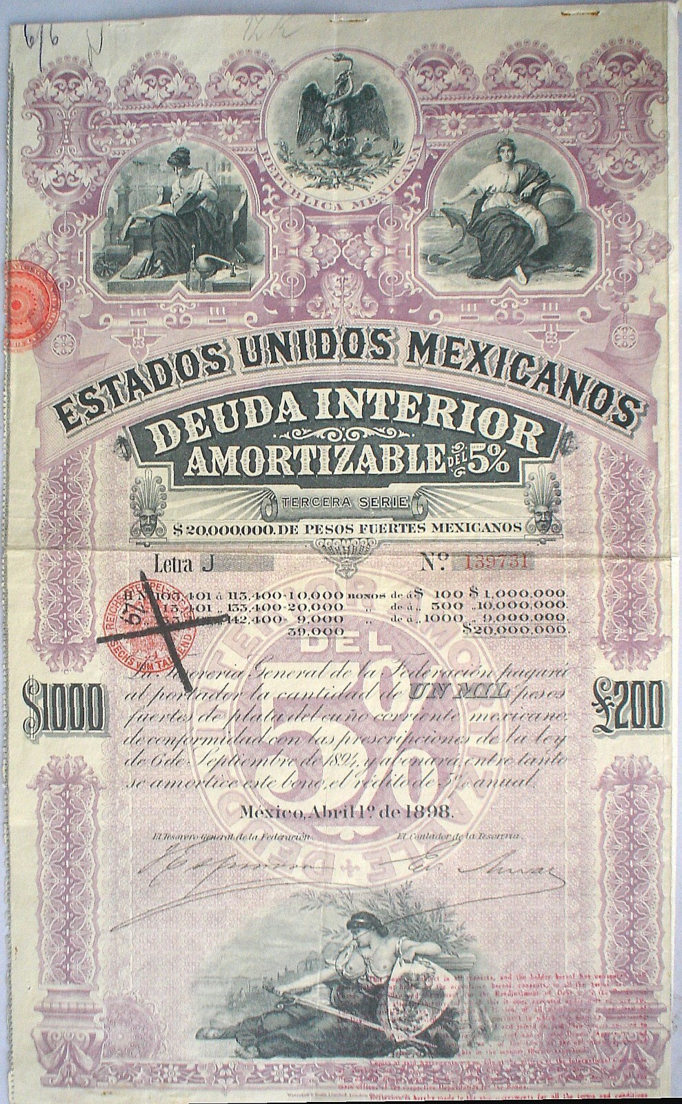 Mexico ESTADOS UNIDOS MEXICANOS BOND 5% Deuda Interior 1000$  =£200 1898 uncanc.