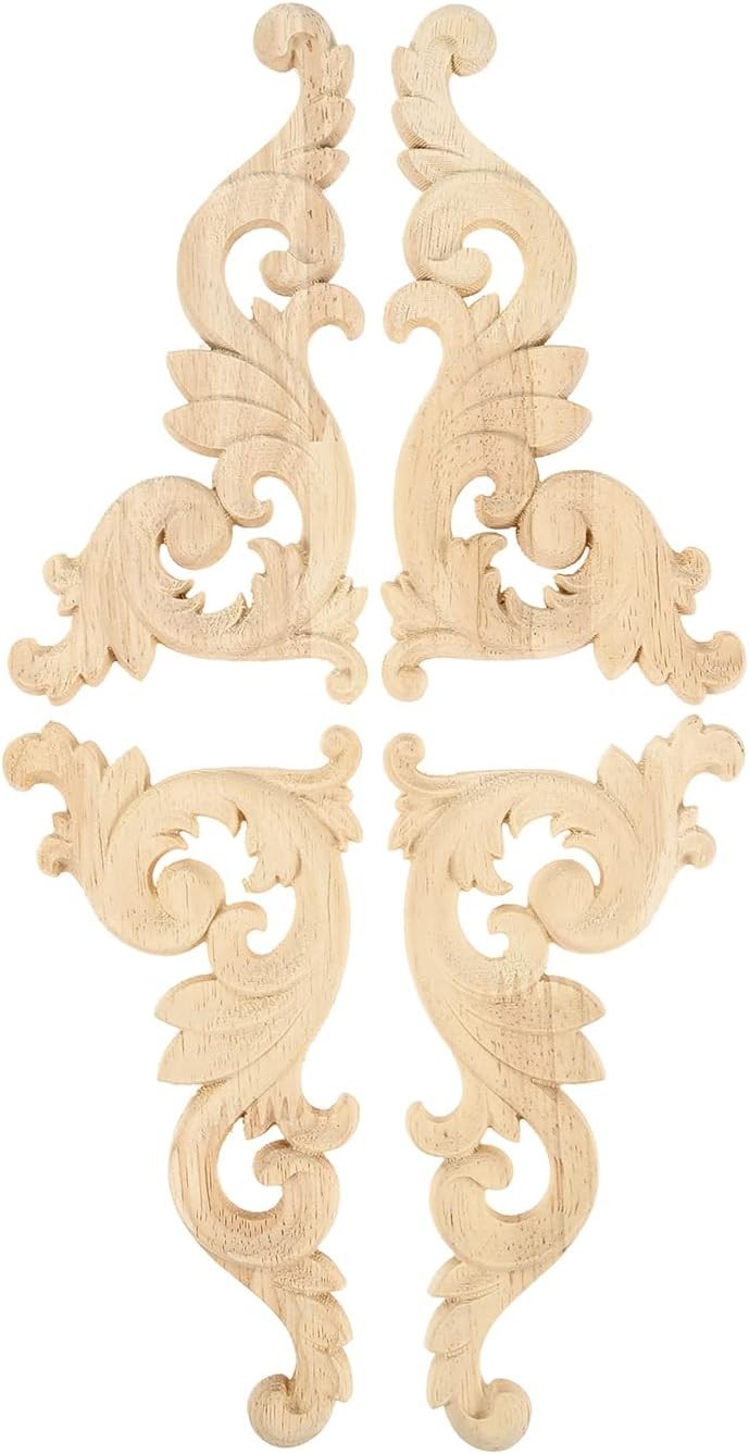 Intricate Oak Wood Carvings Onlays - Unpainted Decorative Corner Plaques Set