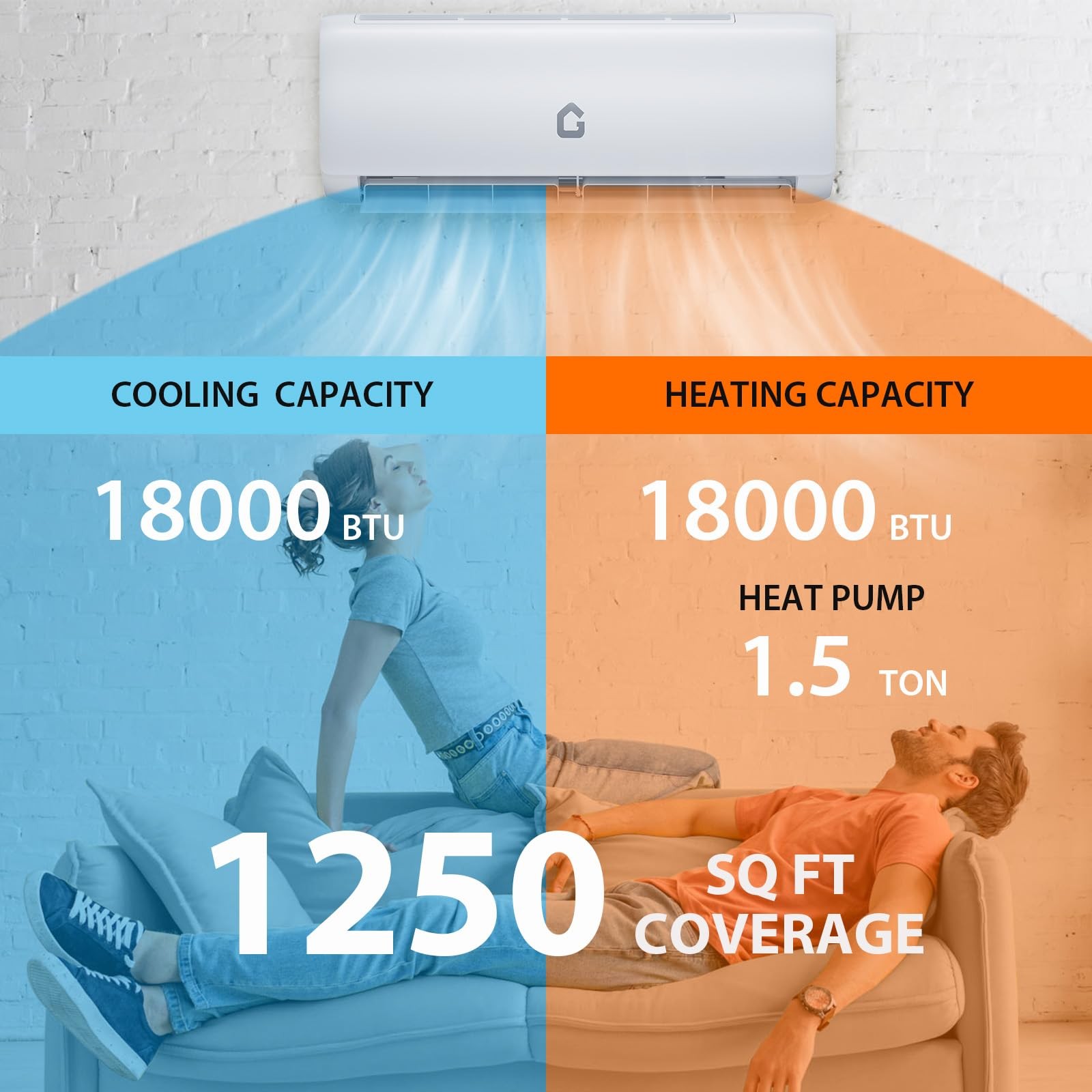 18000 Btu Ductless Mini Split Air Conditioner Heating & Cooling 1250 Sq.Ft R32
